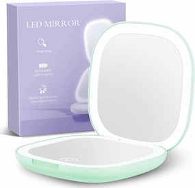 Gospire Double-sided Rechargeable Travel Makeup Mirror with Lights and Magnification 10X, LED Compact Mirror with 3 Light Colors & Adjustable Brightness, Small Vanity Mirror Handheld for Purse - Green