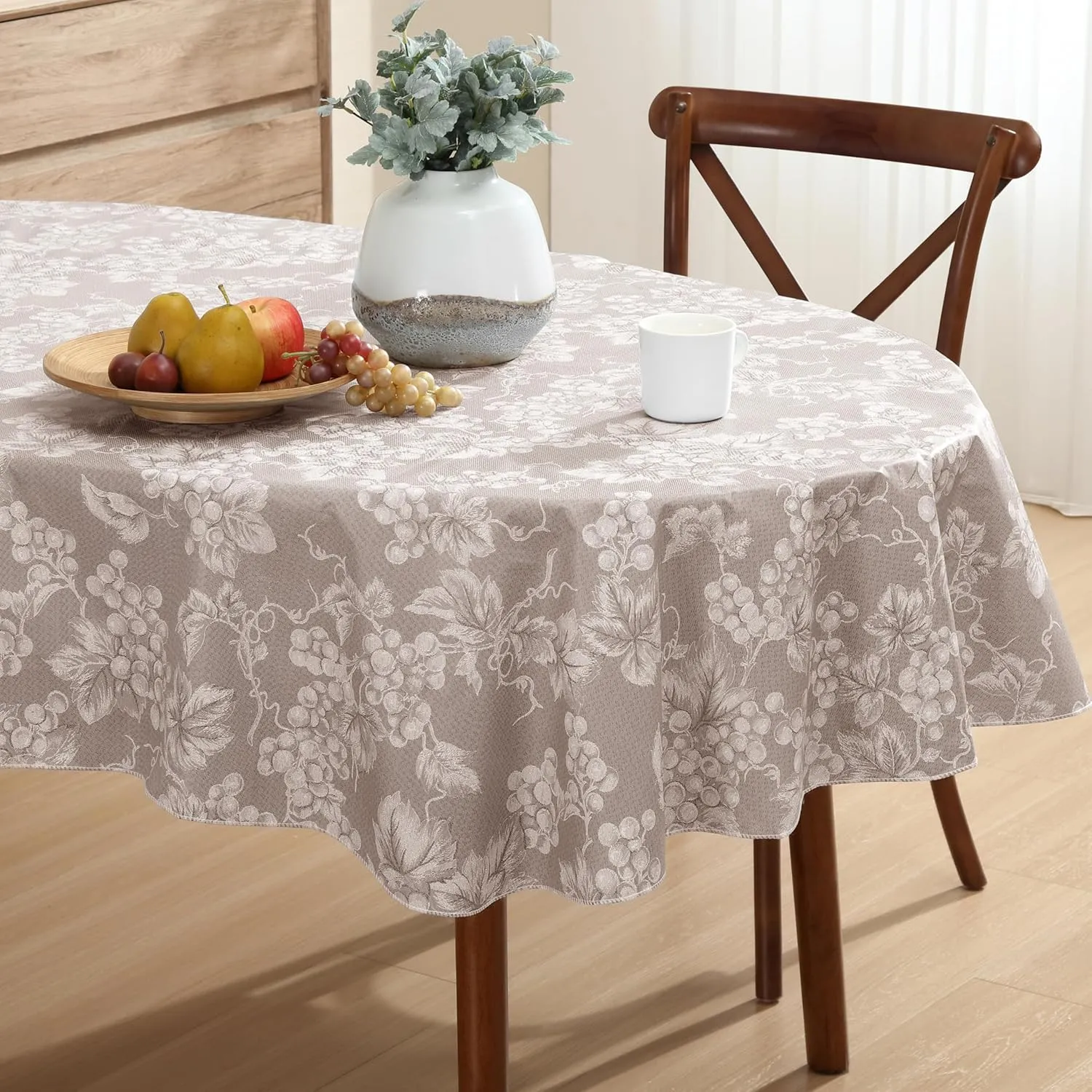 Grapevines Taupe Contemporary Grape Print Heavy 4 Gauge Vinyl Flannel Backed Tablecloth, Indoor/Outdoor Wipe Clean Tablecloth with Flannel Backing, 60 Inch x 84 Inch Oval, Taupe