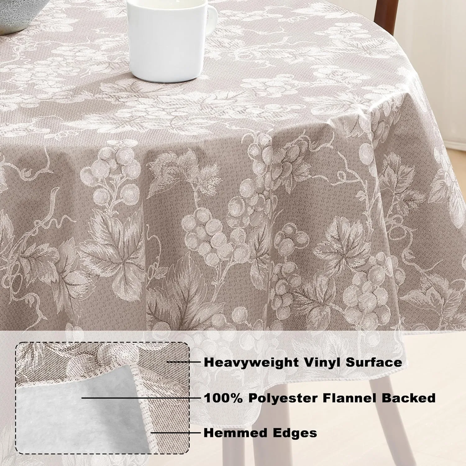 Grapevines Taupe Contemporary Grape Print Heavy 4 Gauge Vinyl Flannel Backed Tablecloth, Indoor/Outdoor Wipe Clean Tablecloth with Flannel Backing, 60 Inch x 84 Inch Oval, Taupe