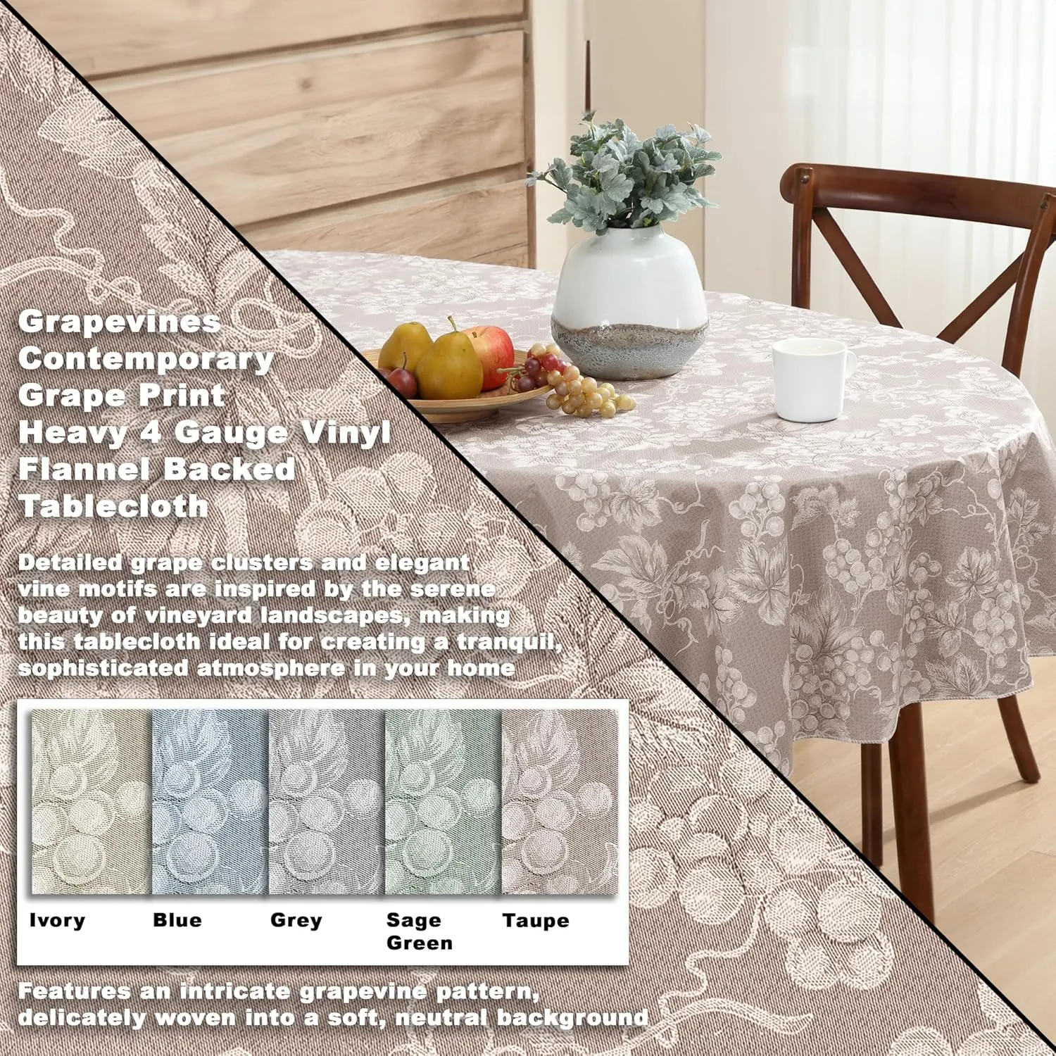 Grapevines Taupe Contemporary Grape Print Heavy 4 Gauge Vinyl Flannel Backed Tablecloth, Indoor/Outdoor Wipe Clean Tablecloth with Flannel Backing, 60 Inch x 84 Inch Oval, Taupe