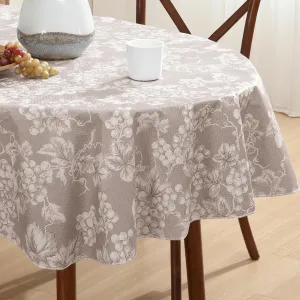 Grapevines Taupe Contemporary Grape Print Heavy 4 Gauge Vinyl Flannel Backed Tablecloth, Indoor/Outdoor Wipe Clean Tablecloth with Flannel Backing, 60 Inch x 84 Inch Oval, Taupe