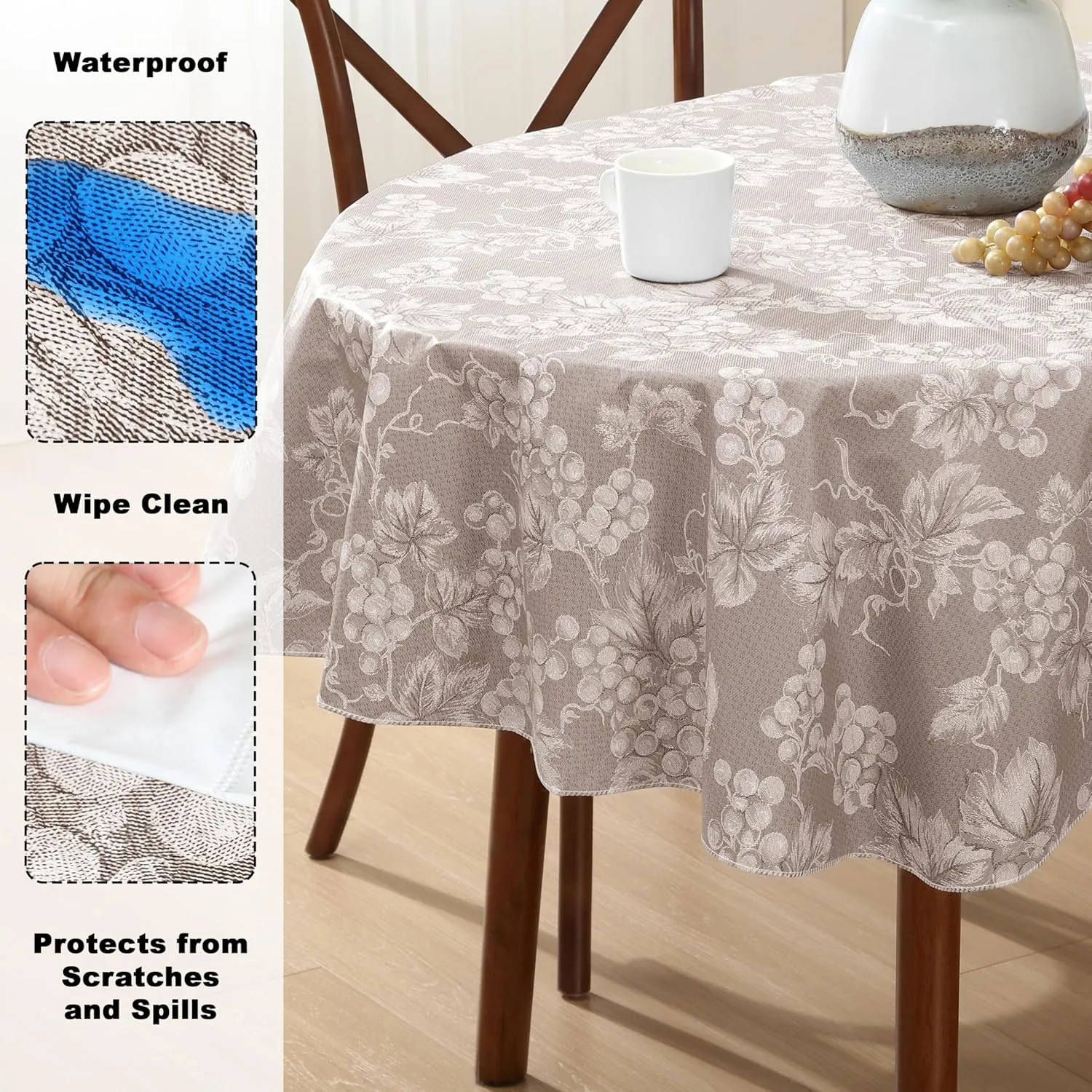 Grapevines Taupe Contemporary Grape Print Heavy 4 Gauge Vinyl Flannel Backed Tablecloth, Indoor/Outdoor Wipe Clean Tablecloth with Flannel Backing, 60 Inch x 84 Inch Oval, Taupe