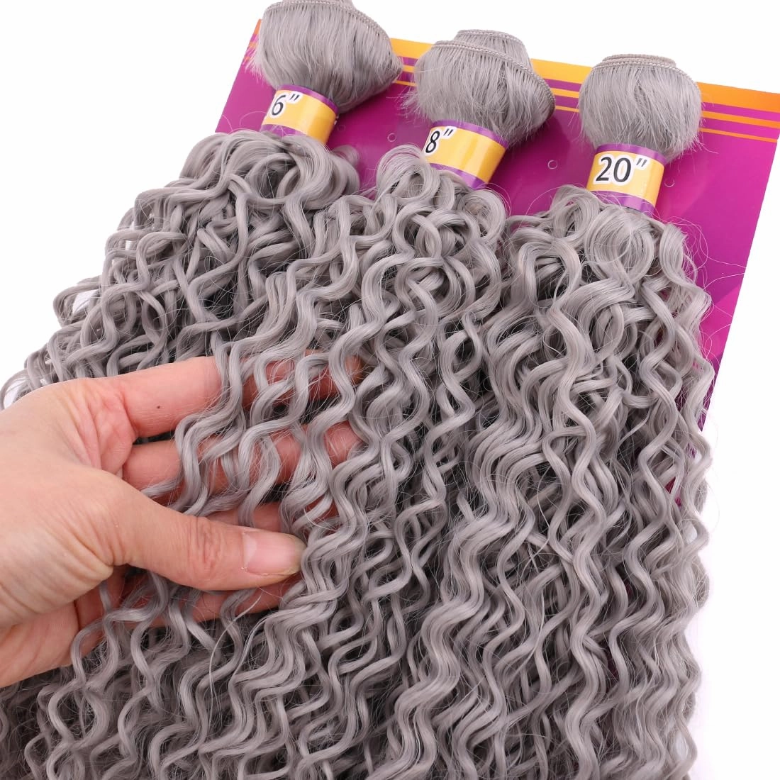 Gray Kinky Curly Hair Bundles 16 18 20 Inches 3 Pieces One Pack Quick Weave Hair Bundles Soft Curly Synthetic Hair Extensions for Women(Color Grey)