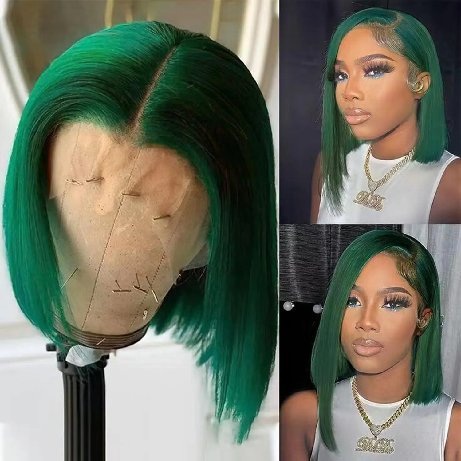 Green Human Hair Lace Front Bob Wigs 13x4 Transparent Lace Brazilian Virgin Human Hair Lace Front Wigs for Women 180% Density Natural Hairline with Baby Hair(10 Green)