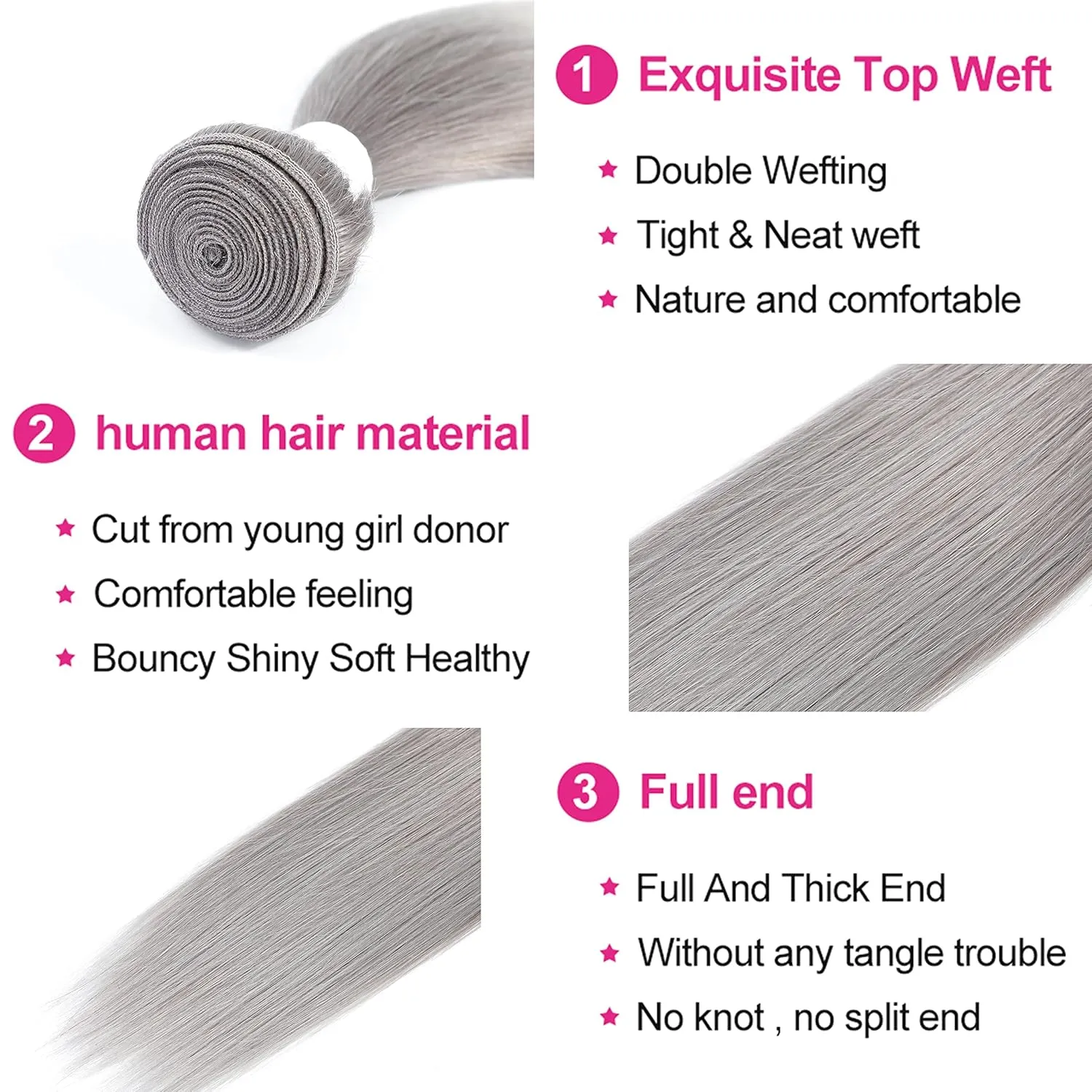Grey Human Hair Bundles 14inch 1PC 100% Brazilian Straight Human Hair Weave Extension Double Weft Silver Grey Hair Bundles For Women