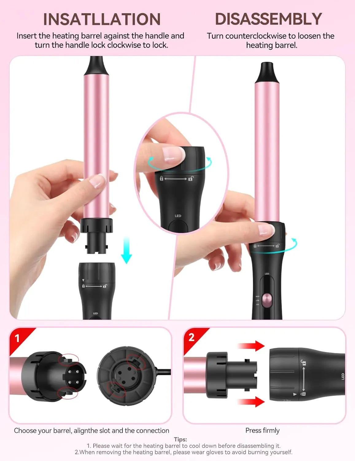 Hair Curling Wand Iron 1-Inch: LANDOT Clip Free Hair Curler - Professional Detachable Curling Wand for Natural Curls - Includes Heat Resistant Silicone Mat & Glove