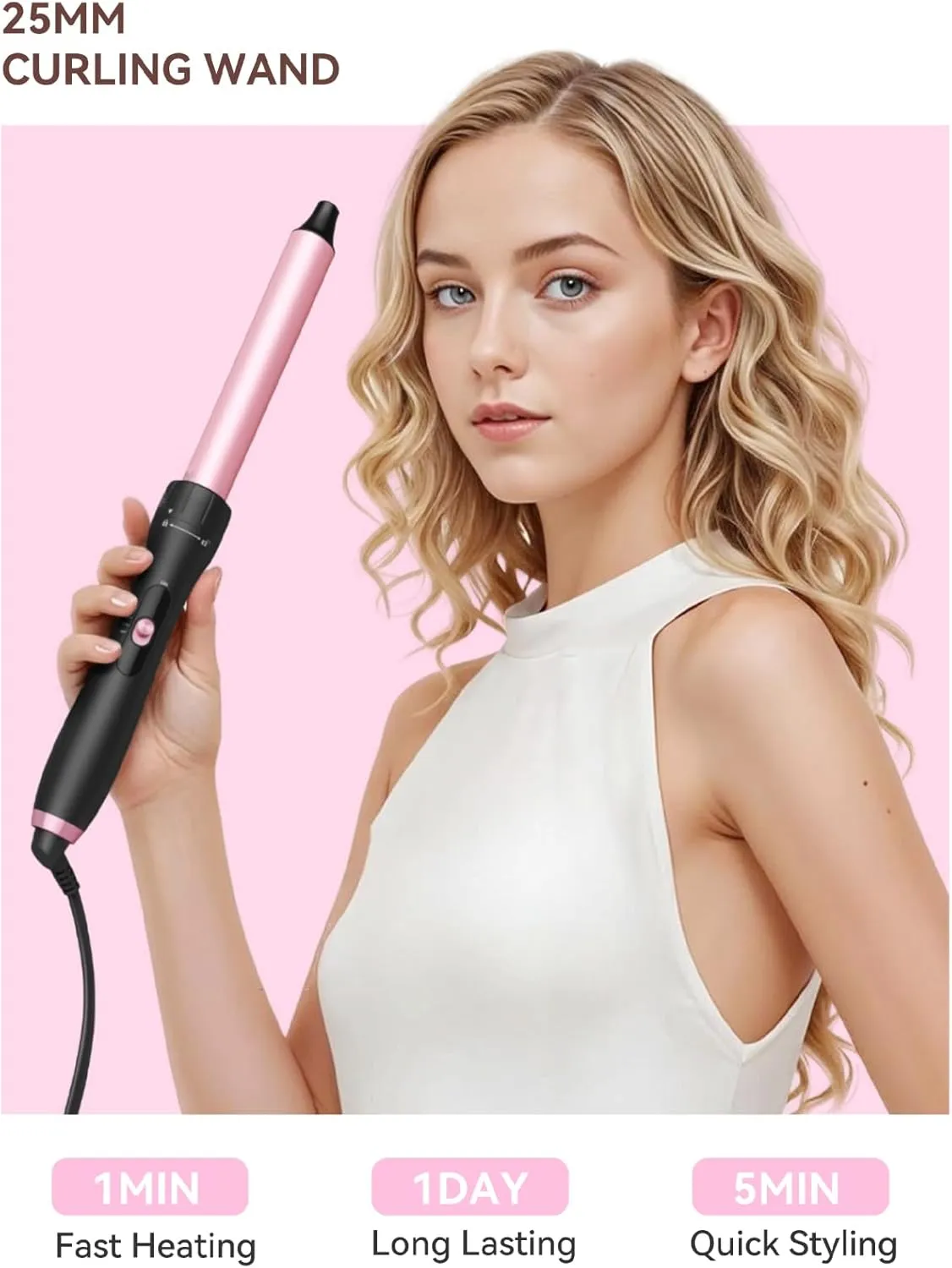 Hair Curling Wand Iron 1-Inch: LANDOT Clip Free Hair Curler - Professional Detachable Curling Wand for Natural Curls - Includes Heat Resistant Silicone Mat & Glove