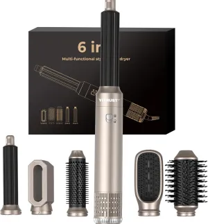 Hair Dryer Brush 6 in 1 Hair Styler 60000RPM Powerful Blow Dryer Brush Professional Hot Air Styler 1000w Detachable Hot Air Brush Hair Styling Tools Auto Wrap Curlers Thermal Brush Straightener Gold