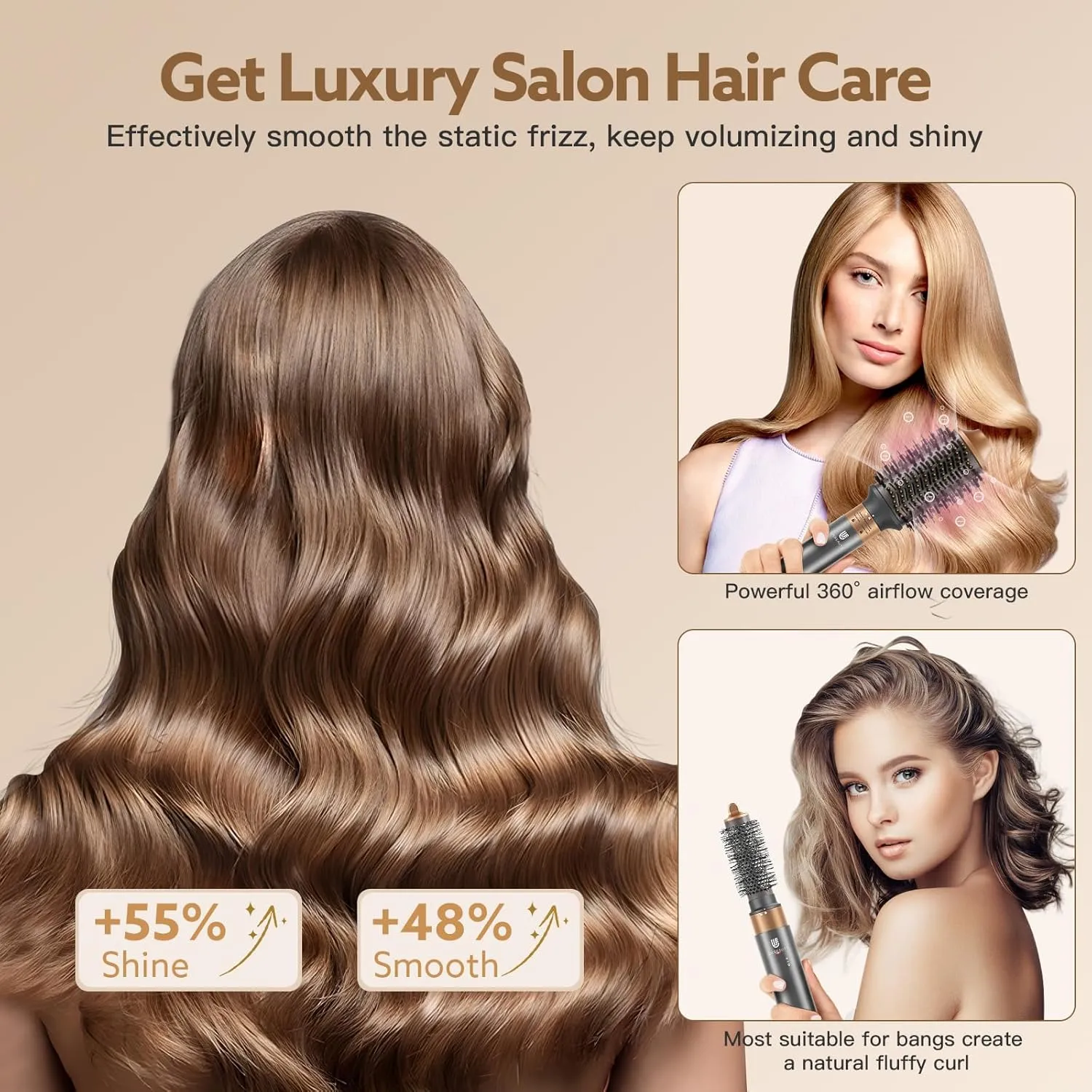 Hair Dryer Brush, webeauty 5 in 1 Professional Hot Air Styling, High-Speed Negative Ionic Hair Dryer Fast Drying, Multi Hair Styler with Air Curling Iron, Volumizing, Straightening (Grey Gold)