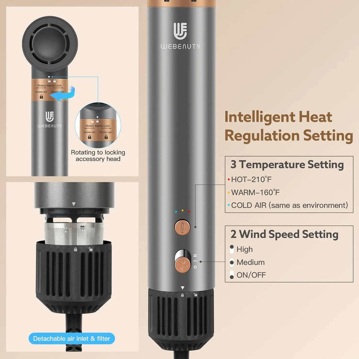 Hair Dryer Brush, webeauty 5 in 1 Professional Hot Air Styling, High-Speed Negative Ionic Hair Dryer Fast Drying, Multi Hair Styler with Air Curling Iron, Volumizing, Straightening (Grey Gold)