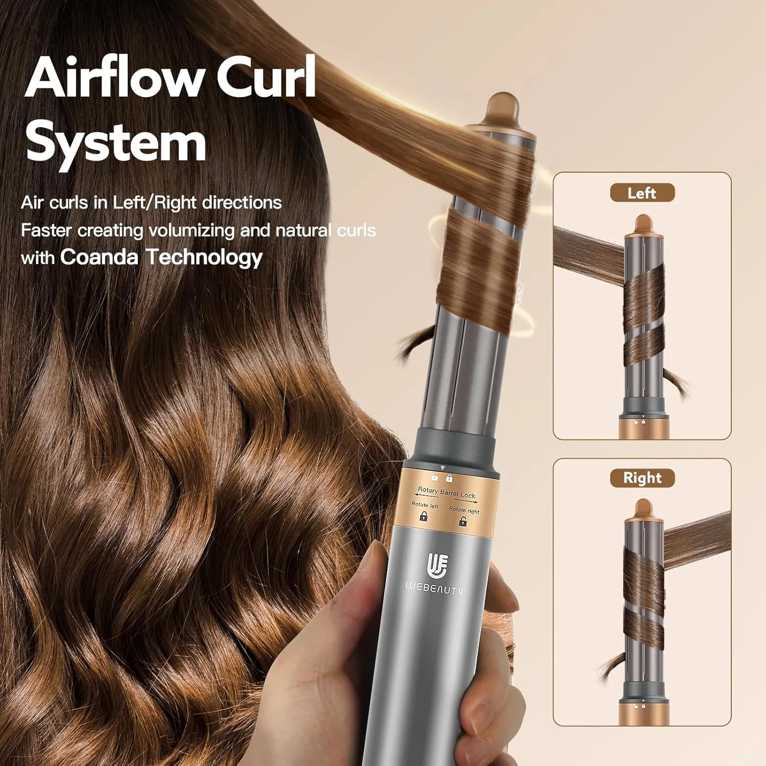Hair Dryer Brush, webeauty 5 in 1 Professional Hot Air Styling, High-Speed Negative Ionic Hair Dryer Fast Drying, Multi Hair Styler with Air Curling Iron, Volumizing, Straightening (Grey Gold)