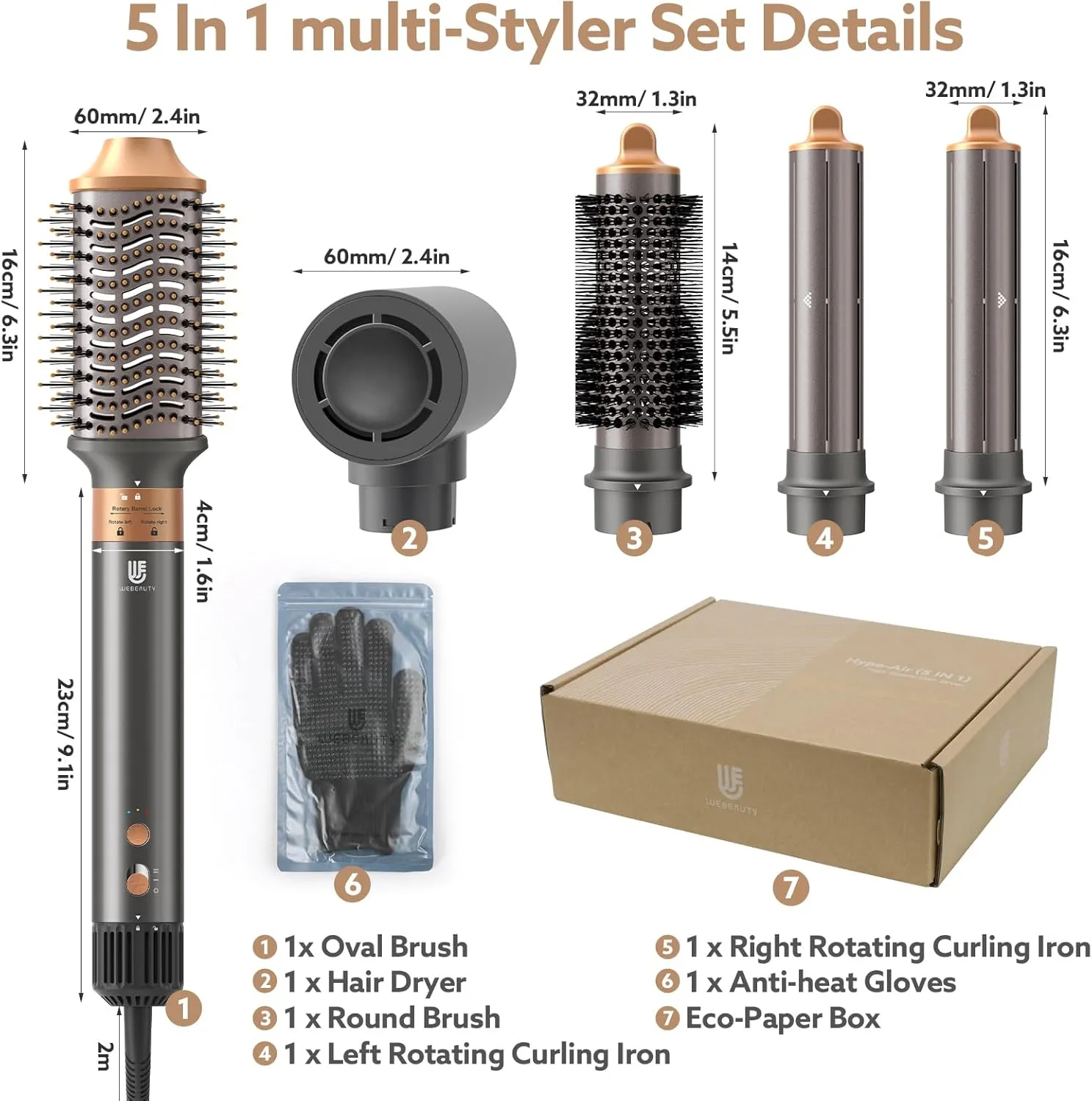Hair Dryer Brush, webeauty 5 in 1 Professional Hot Air Styling, High-Speed Negative Ionic Hair Dryer Fast Drying, Multi Hair Styler with Air Curling Iron, Volumizing, Straightening (Grey Gold)