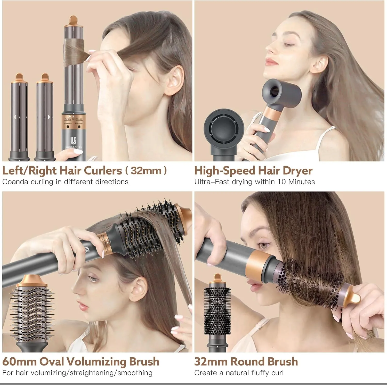 Hair Dryer Brush, webeauty 5 in 1 Professional Hot Air Styling, High-Speed Negative Ionic Hair Dryer Fast Drying, Multi Hair Styler with Air Curling Iron, Volumizing, Straightening (Grey Gold)