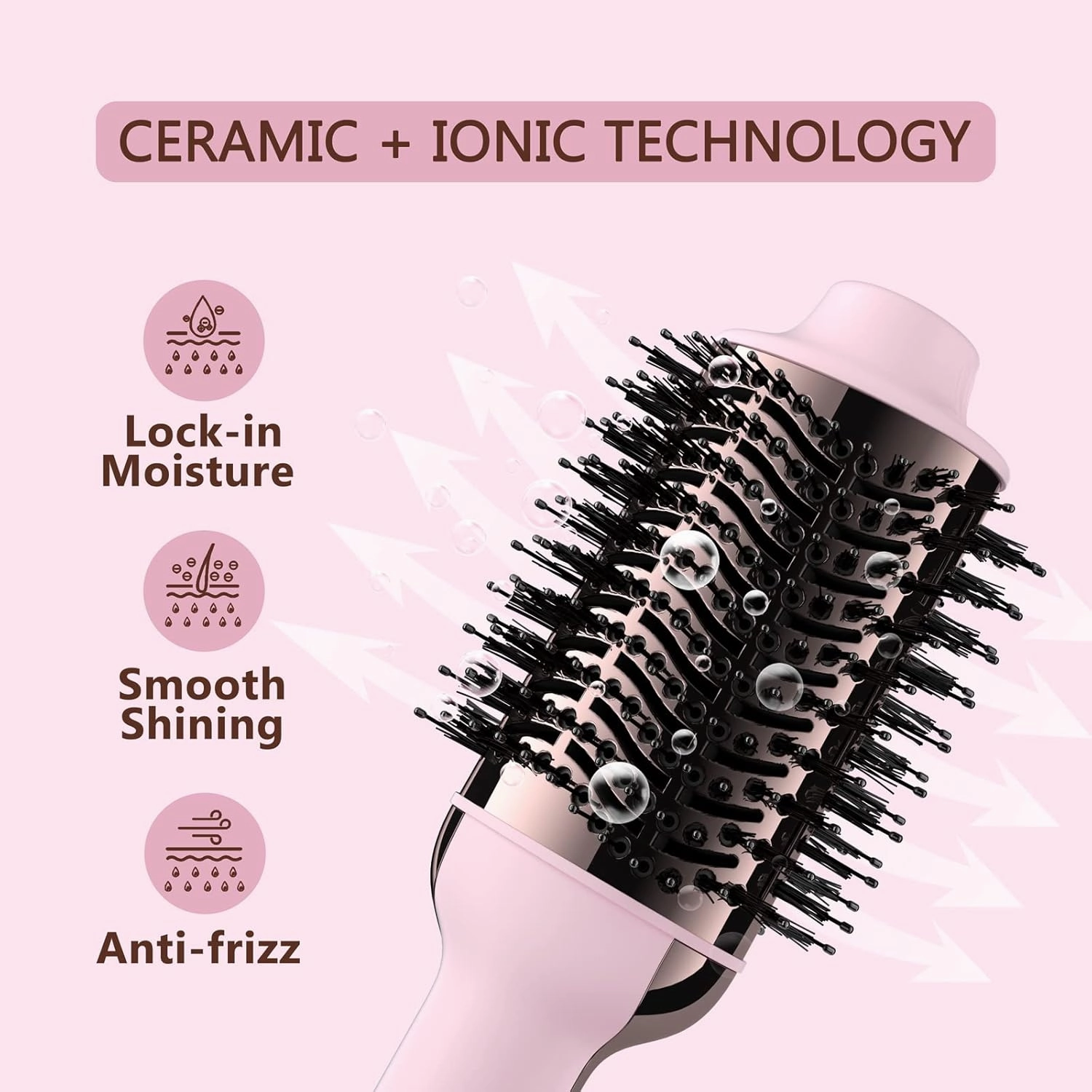 Hair Dryer Brush, 4 in 1 Styling Tools Blow Dryer with Ceramic Oval Barrel, Hot Air Brush Hair Straightener Brush for All Hair Types, Pink, Ionic Technology, 1200W, 3 Heat Settings