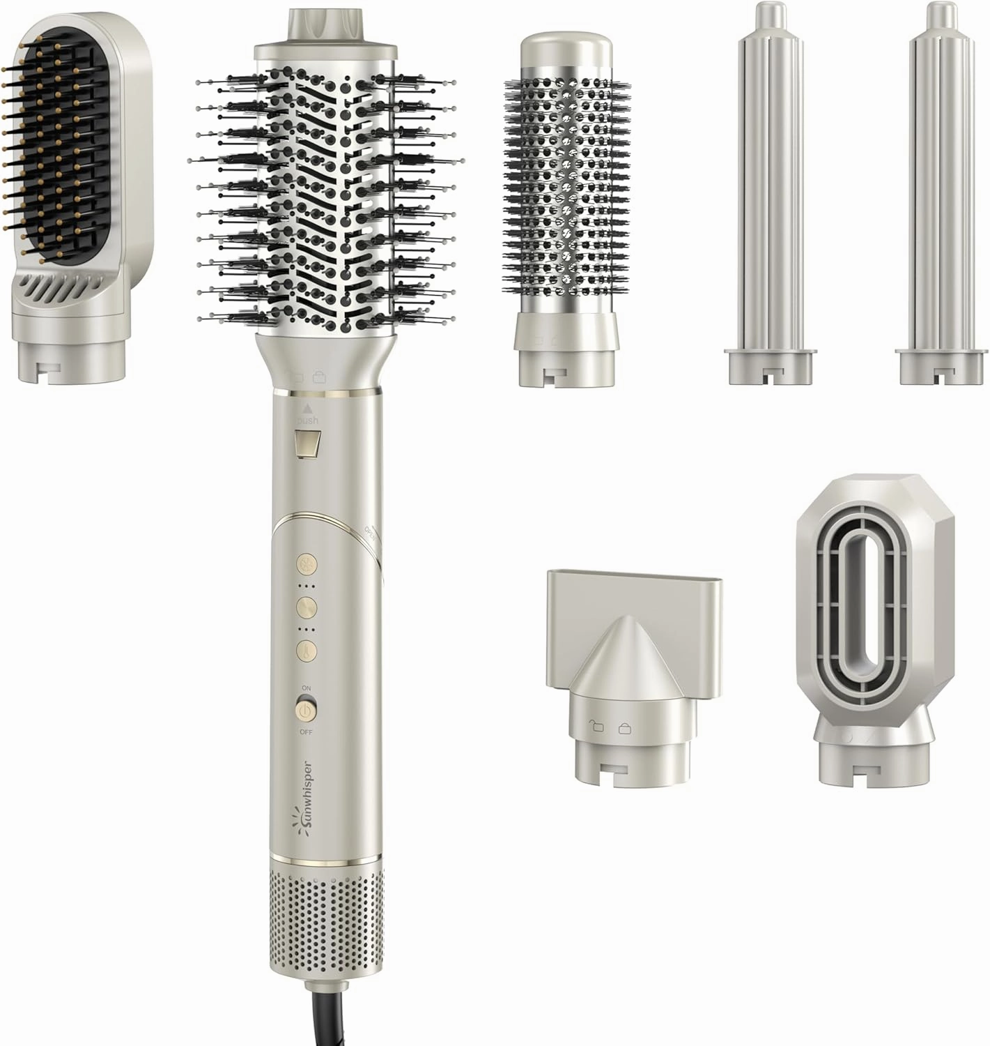 Hair Dryer Brush 7 in 1 Professional Hot Air Styler, 110,000 RPM High Speed Negative Ionic Dryer, Straightener Comb & 2 Auto Wrap Curlers, 2 Concentrator, Oval & Round Styling Brush