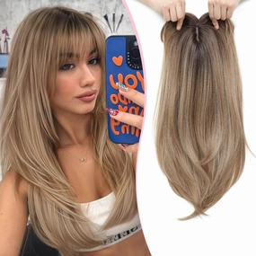 Hair Topper 18inch Hair Toppers for Women with Thinning Hair 6.5"X6.5" Big Base Synthetic Toppers Hair Pieces for Women Fiber Wiglets with Fringe Light Brown with Dark Root