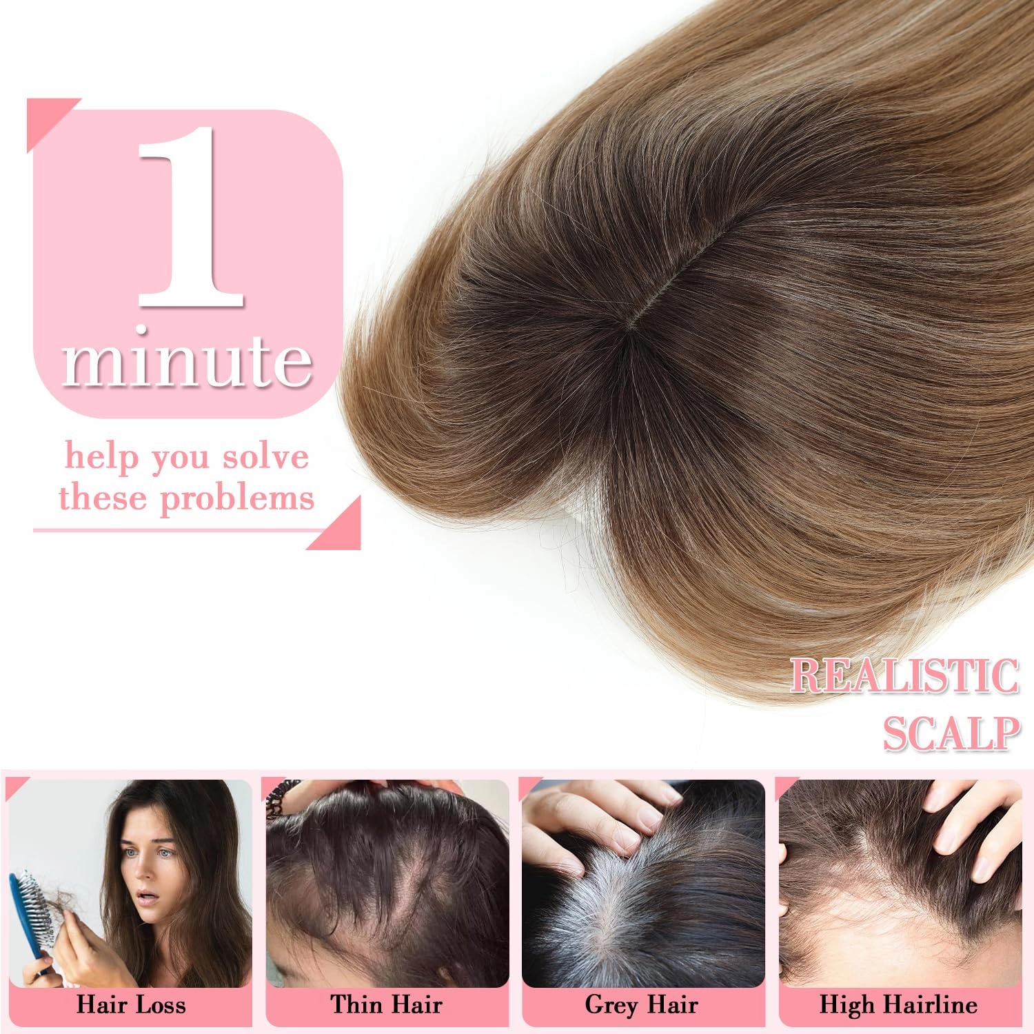 Hair Topper 18inch Hair Toppers for Women with Thinning Hair 6.5"X6.5" Big Base Synthetic Toppers Hair Pieces for Women Fiber Wiglets with Fringe Light Brown with Dark Root