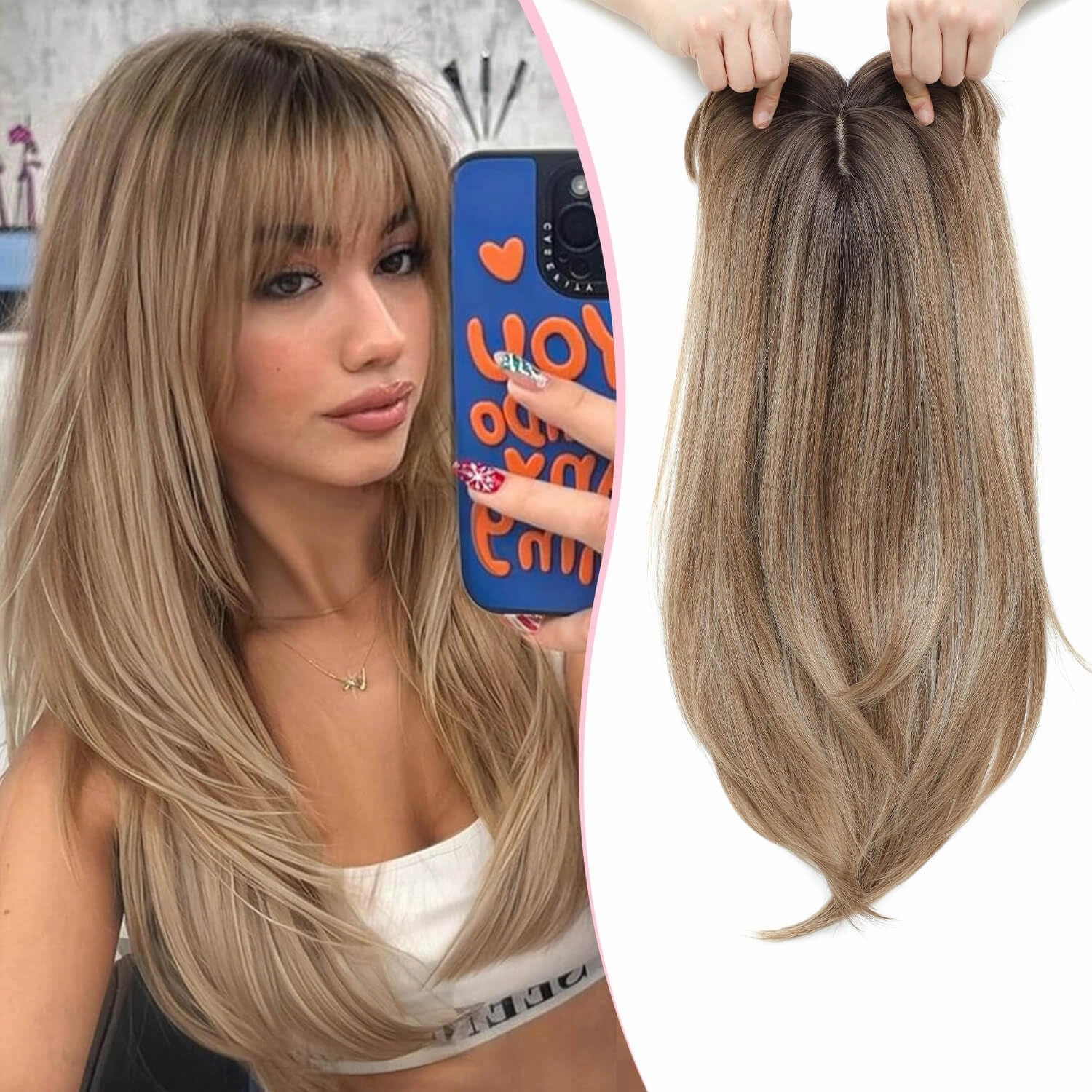 Hair Topper 18inch Hair Toppers for Women with Thinning Hair 6.5"X6.5" Big Base Synthetic Toppers Hair Pieces for Women Fiber Wiglets with Fringe Light Brown with Dark Root