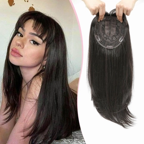 Hair Topper Long 18inch Hair Toppers for Women with Thinning Hair 6.5"X6.5" Big Base Cover Thinning Hair Clip in Hair Toppers for Women Fiber Wiglets with Fringe(Dark Brown)