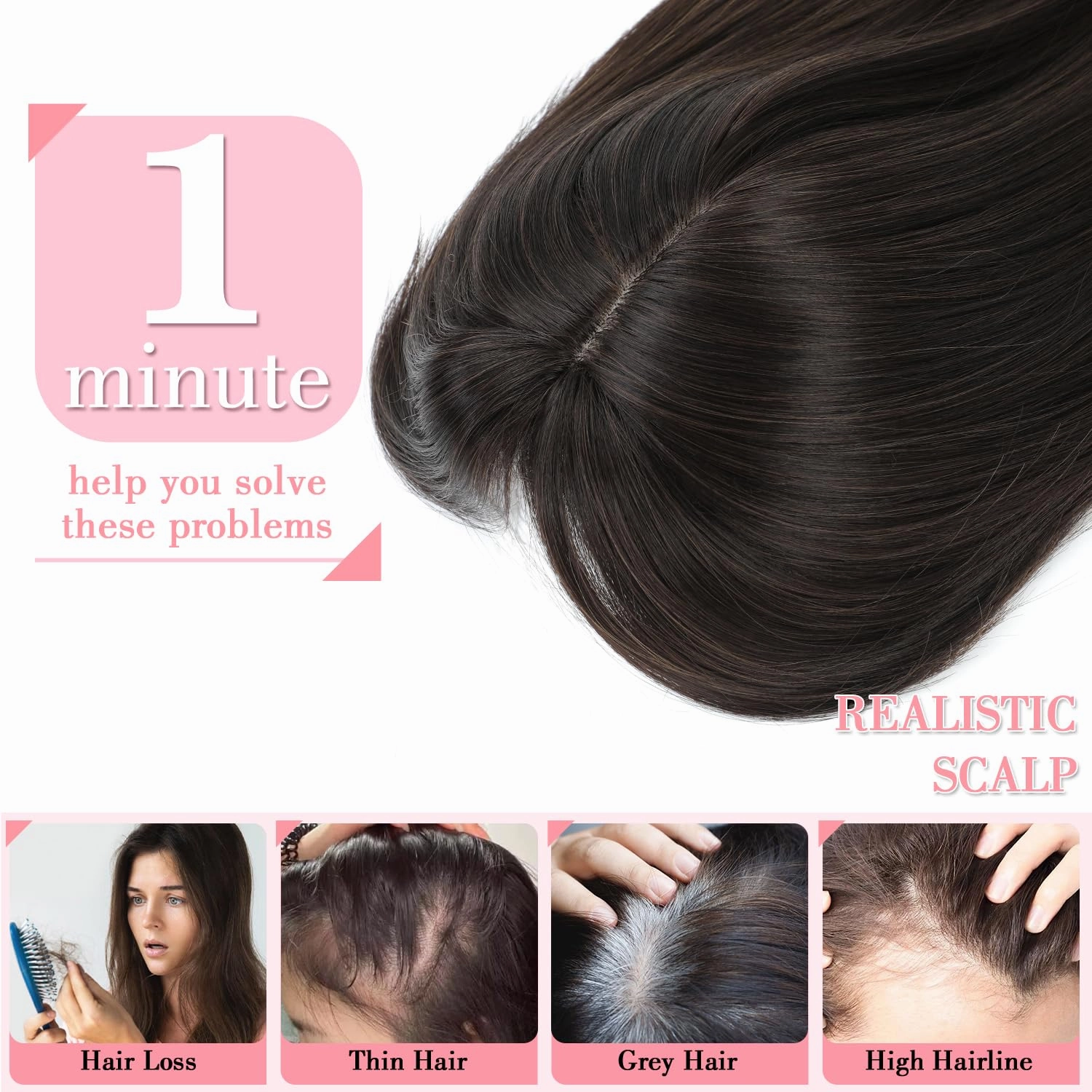 Hair Topper Long 18inch Hair Toppers for Women with Thinning Hair 6.5"X6.5" Big Base Cover Thinning Hair Clip in Hair Toppers for Women Fiber Wiglets with Fringe(Dark Brown)