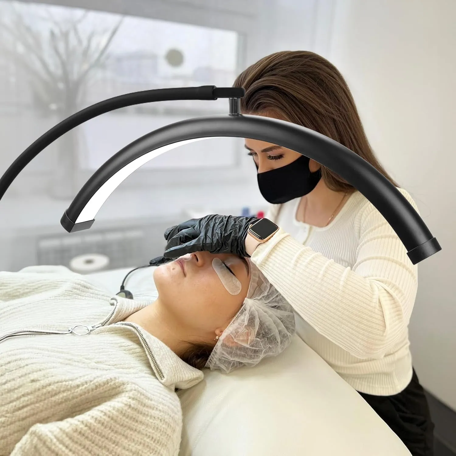 Half Moon Floor Light for Eyelash Tech - LED Lash Lamp for Eyelash Extensions, Tattoo Artists, Nail Tech, Esthetician, Skincare - Cool, Warm Lighting with Adjustable Brightness, Adjustable Gooseneck