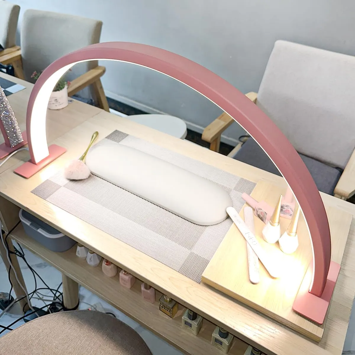 Half Moon Light for Nail Desk, 29" 50W Professional LED Light with 3 Color Temperatures & Dimmer, Multi-Purpose Lighting for Eyelash Extensions, Nail Art, Tattoos, Reading (Pink)