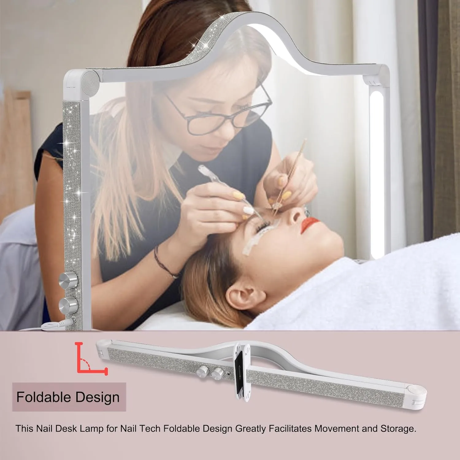 Half Moon Light for Nail Desk, 34.5In Foldable Square Tech Lamp, 3000-6000K Dimmable for Manicure, Lash Eyelash Extension, Tattoo, Eyebrows, Crafts (Rose Gold, A)