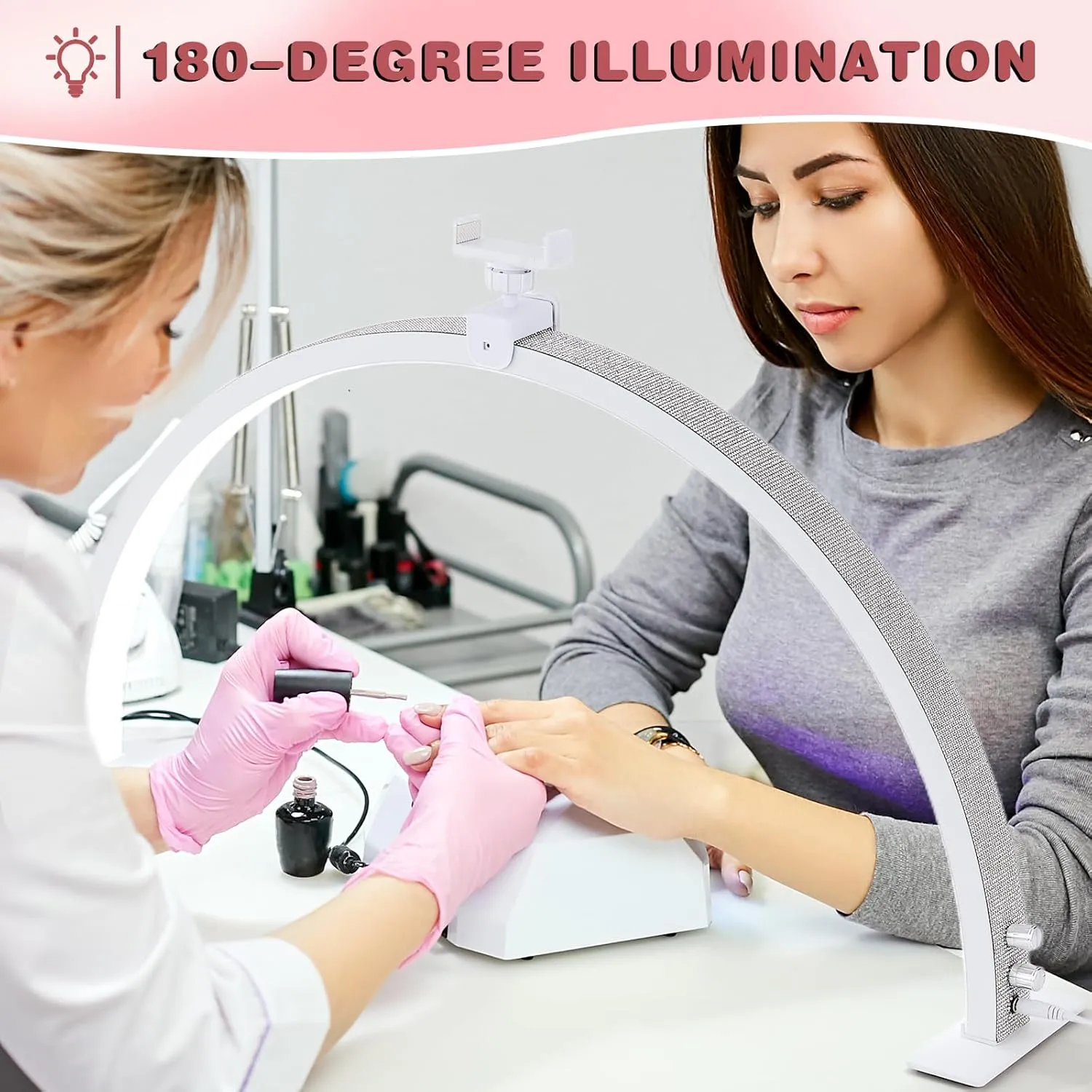 Half Moon Light for Nail Desk with Phone Holder, 29" 50W Professional LED Light with 3 Color Temperatures & Dimmer, Multi-Purpose Lighting for Eyelash Extensions, Nail Art, Tattoos, Reading