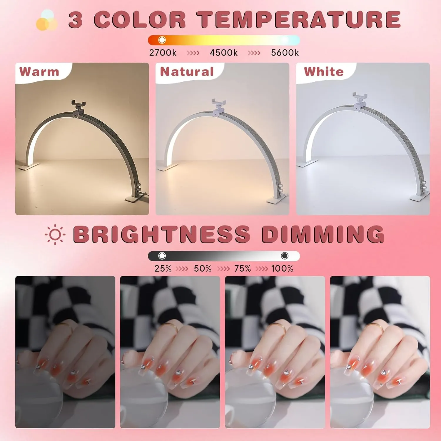 Half Moon Light for Nail Desk with Phone Holder, 29" 50W Professional LED Light with 3 Color Temperatures & Dimmer, Multi-Purpose Lighting for Eyelash Extensions, Nail Art, Tattoos, Reading