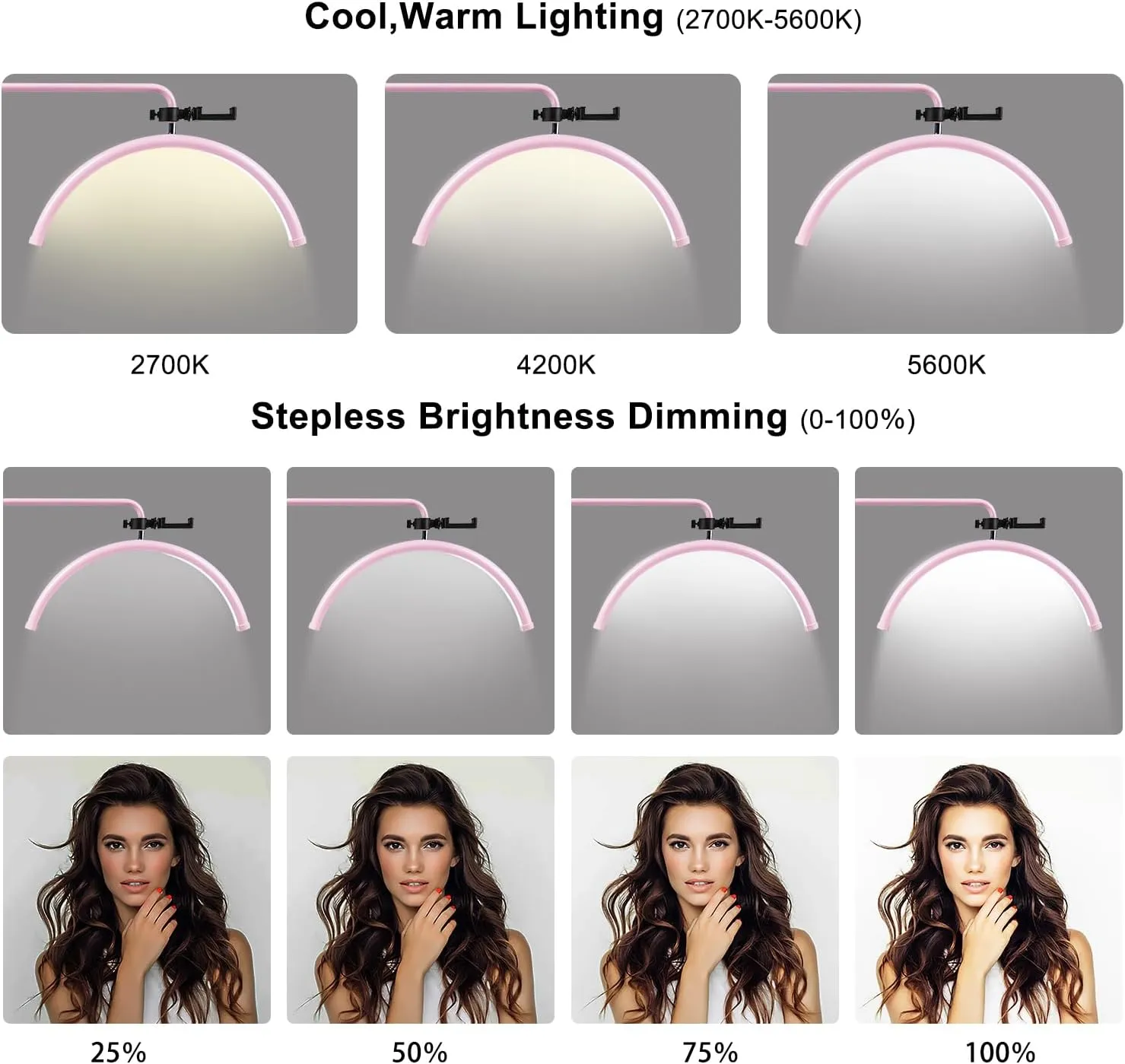 Half Moon Light - LED Floor Lamp for Lash and Eyelash Extensions, Tattoos, Estheticians, Office, Living Room, Working, and Reading - Cool/Warm Light, Adjustable Height & Angle, with Phone Holder（Pink）