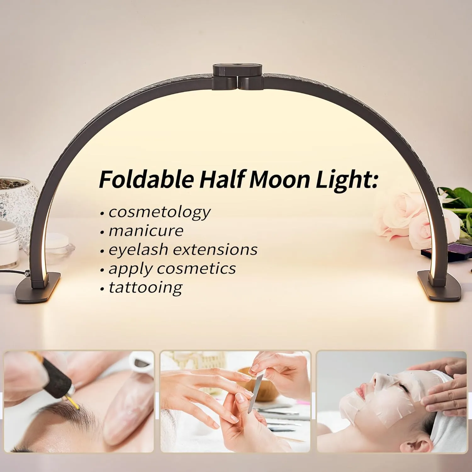 Half Moon Light with Phone Holder, 29 in 38W Nail Desk Lamp, Lash Light for Eyelash Tech, Makeup, Tattoo, Spa, Salon, Black Nail Tech Lamp with Stepless Dimming & Color Temperature