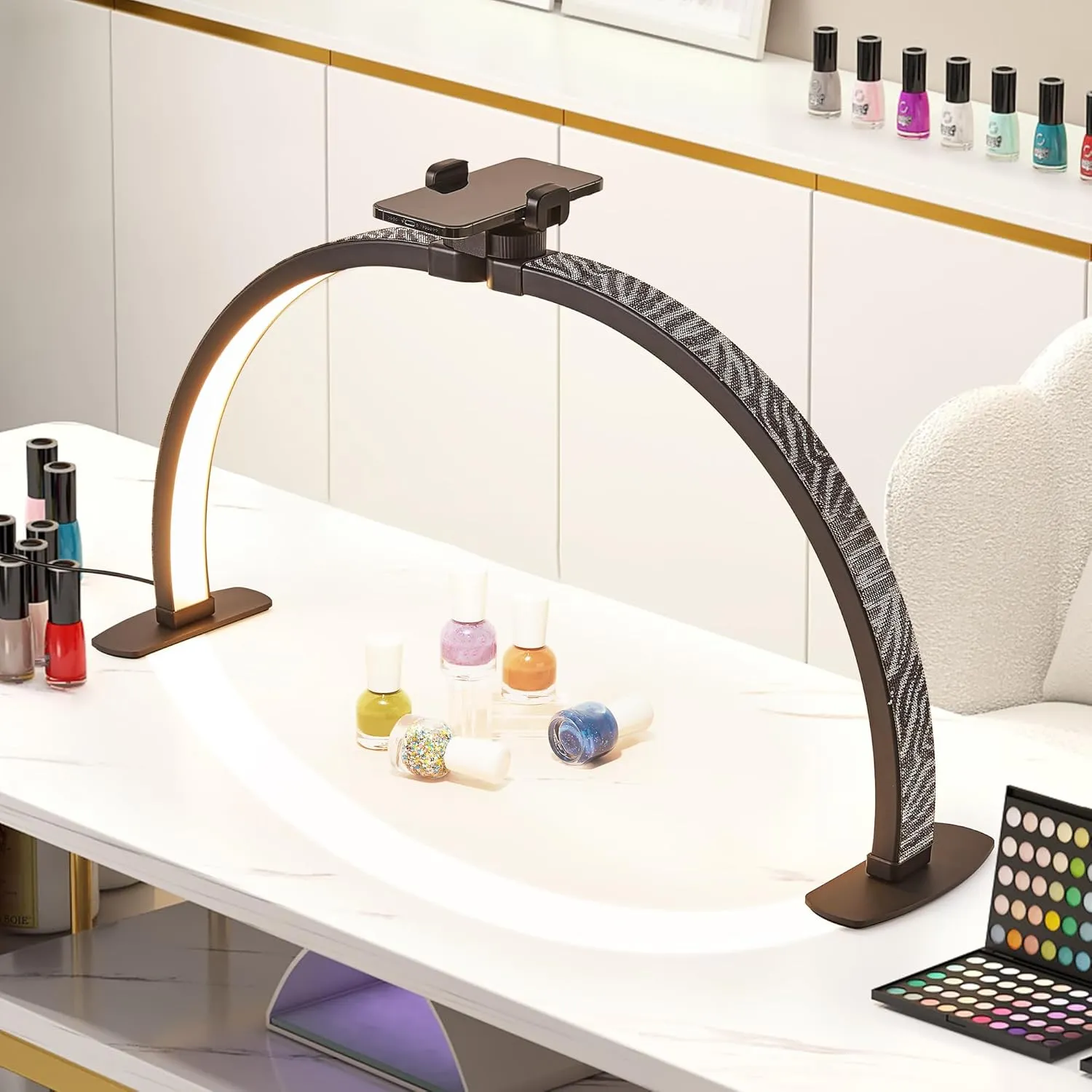 Half Moon Light with Phone Holder, 29 in 38W Nail Desk Lamp, Lash Light for Eyelash Tech, Makeup, Tattoo, Spa, Salon, Black Nail Tech Lamp with Stepless Dimming & Color Temperature