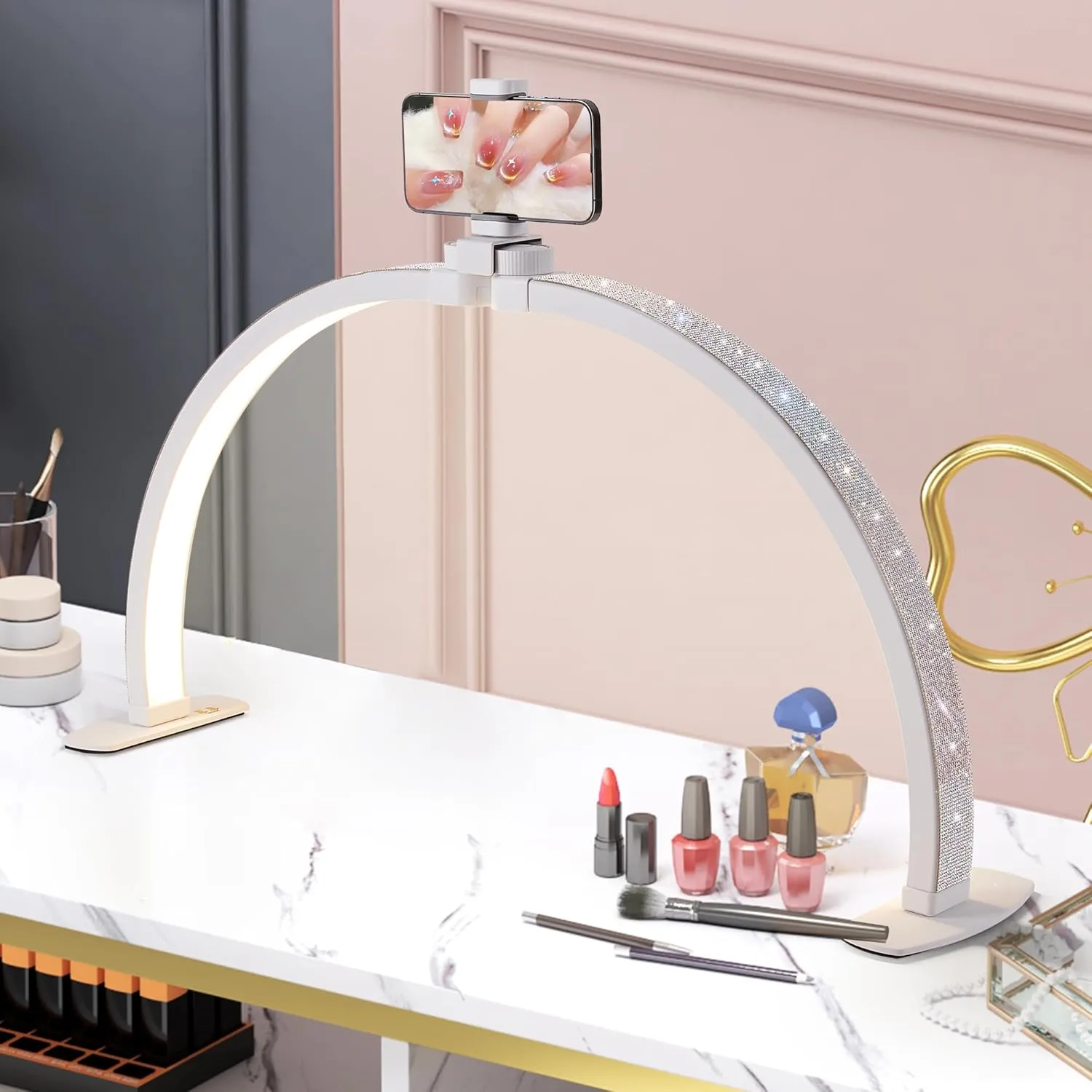 Half Moon Light with Phone Holder, 29 in 38W White Nail Desk Lamp, Lash Light for Eyelash Tech, Makeup, Tattoo, Spa, Salon, Nail Tech Lamp with Stepless Dimming & Color Temperature