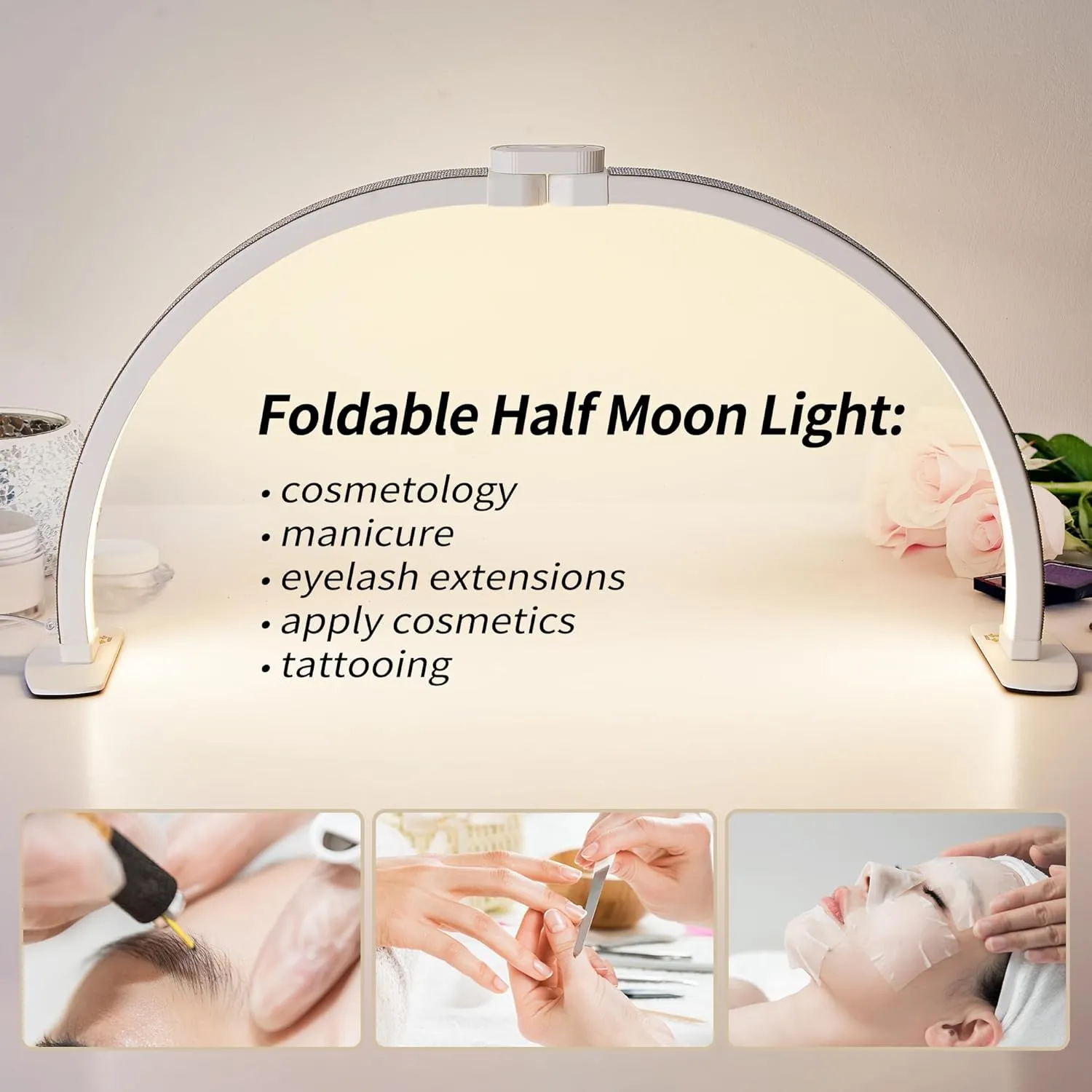 Half Moon Light with Phone Holder, 29 in 38W White Nail Desk Lamp, Lash Light for Eyelash Tech, Makeup, Tattoo, Spa, Salon, Nail Tech Lamp with Stepless Dimming & Color Temperature