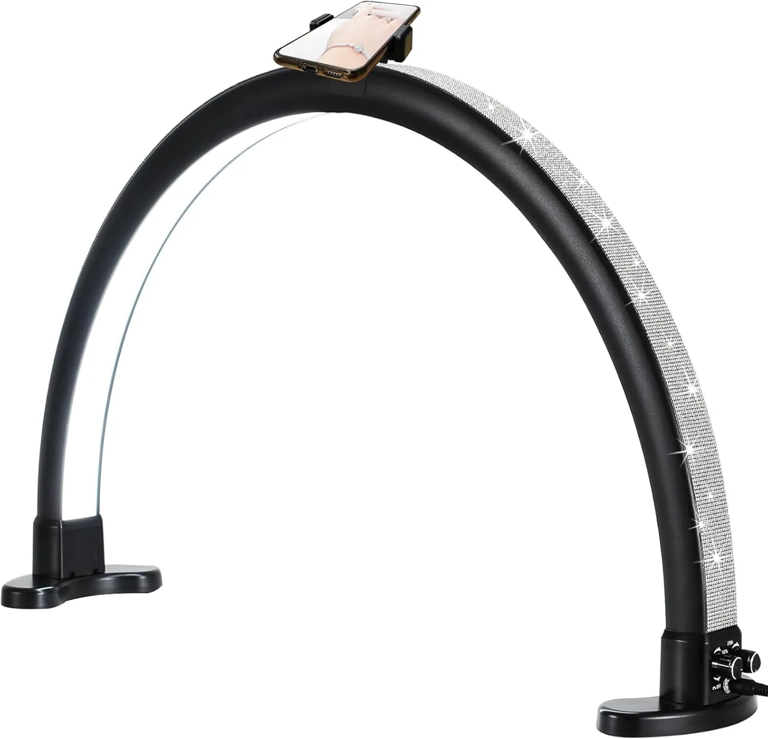 Half Moon Light with Phone Holder, 29 in 48W Nail Desk Lamp, Lash Light for Eyelash Tech, Makeup, Tattoo, Spa, Salon, Nail Tech Lamp with Stepless Dimming & Color Temperature (Black)