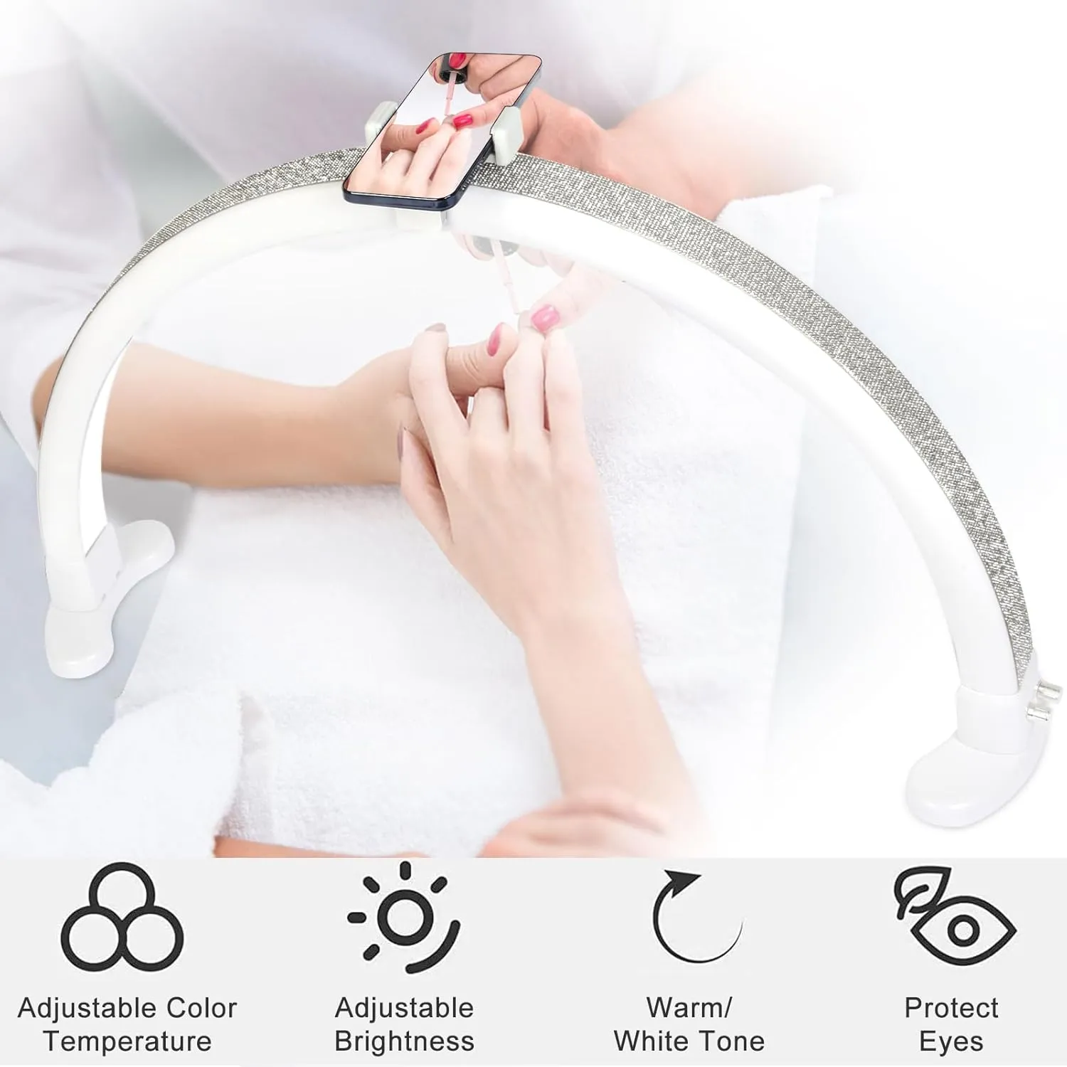 Half Moon Light with Phone Holder, 29 in 48W Nail Desk Lamp, Lash Light for Eyelash Tech, Makeup, Tattoo, Spa, Salon, Nail Tech Lamp with Stepless Dimming & Color Temperature(Pink)