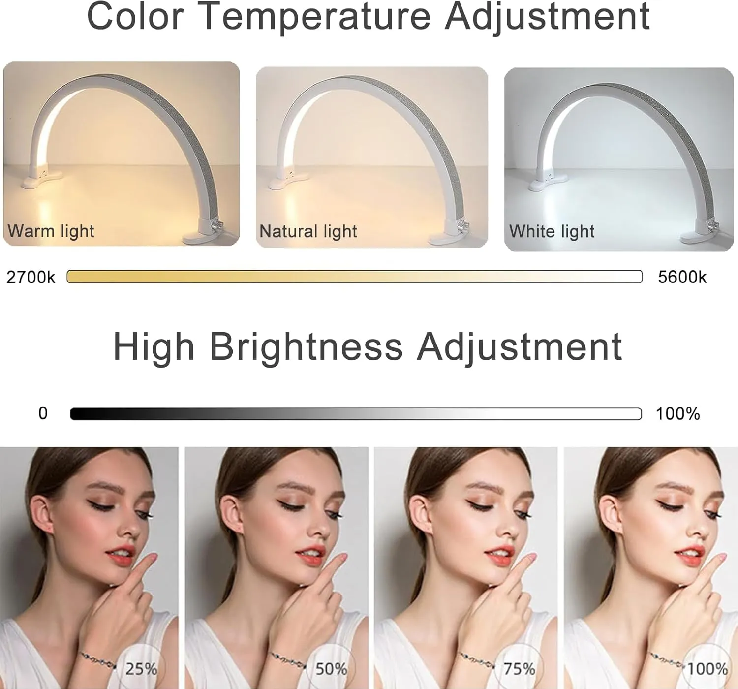Half Moon Light with Phone Holder, 29 in 48W Nail Desk Lamp, Lash Light for Eyelash Tech, Makeup, Tattoo, Spa, Salon, Nail Tech Lamp with Stepless Dimming & Color Temperature(White)