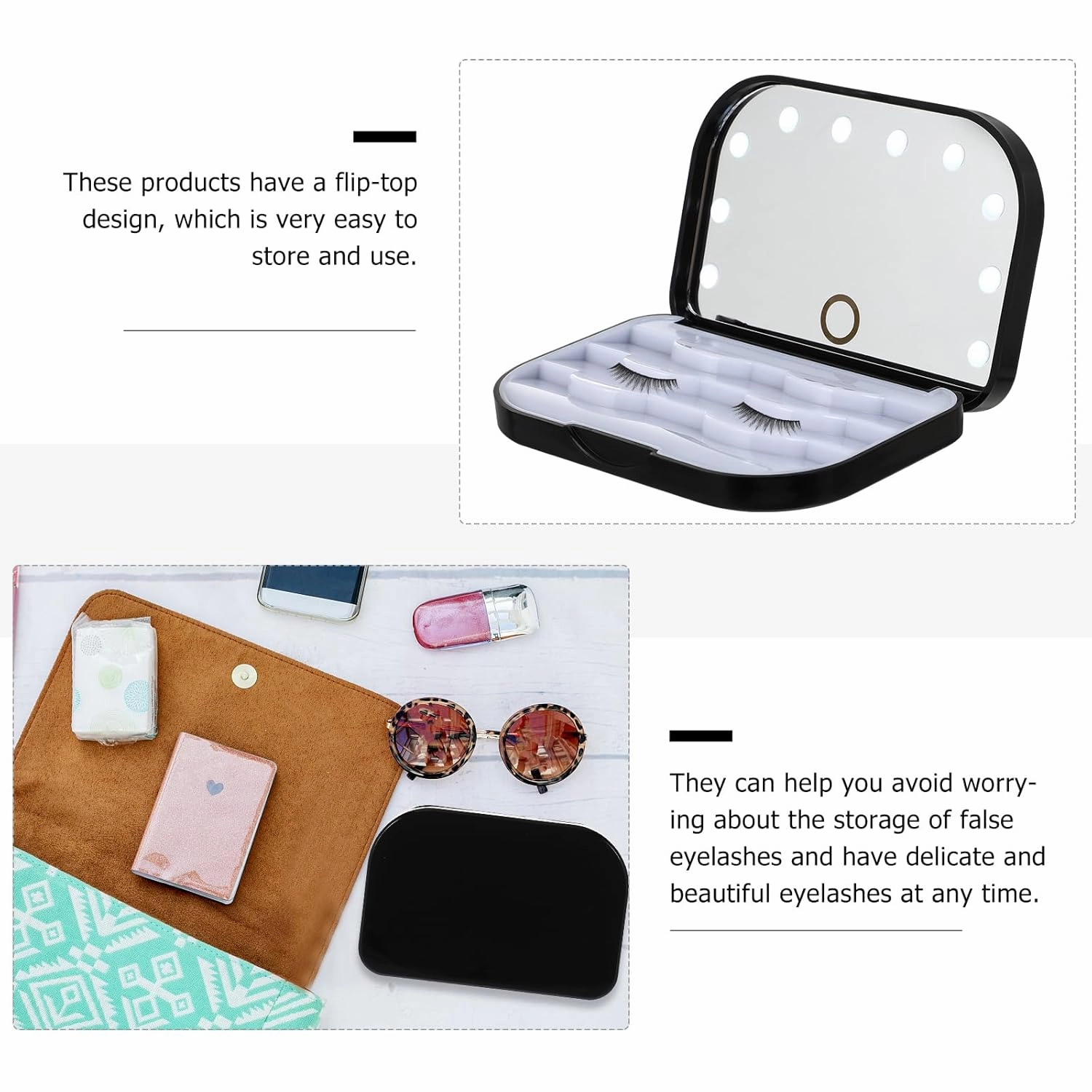 HEALLILY Eyelash Holder Case Empty False Eyelash Container Organizer with Makeup Mirror LED Storage Case for Eye Makeup Tool Black