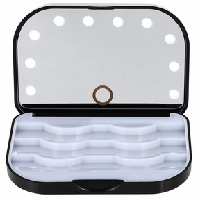 HEALLILY Eyelash Holder Case Empty False Eyelash Container Organizer with Makeup Mirror LED Storage Case for Eye Makeup Tool Black