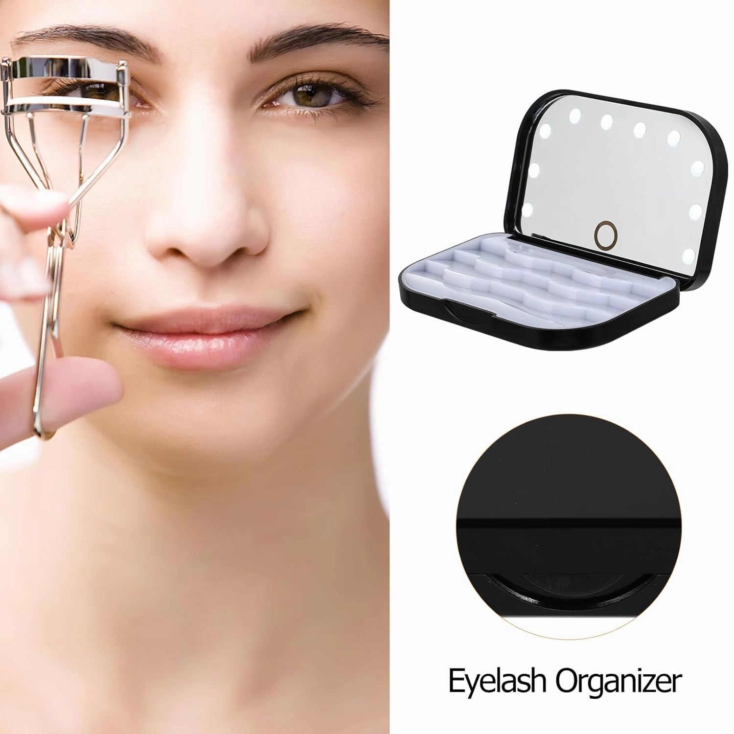 HEALLILY Eyelash Holder Case Empty False Eyelash Container Organizer with Makeup Mirror LED Storage Case for Eye Makeup Tool Black