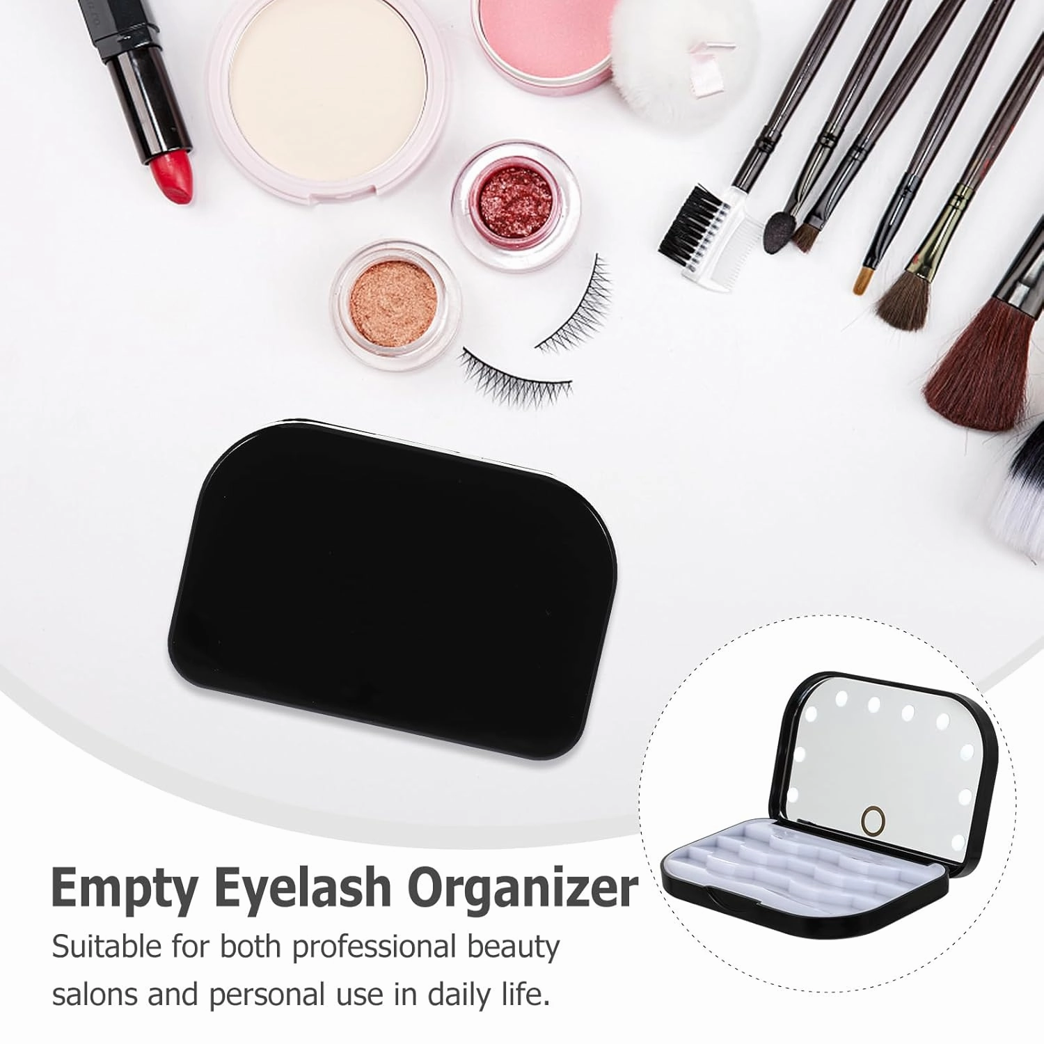 HEALLILY Eyelash Holder Case Empty False Eyelash Container Organizer with Makeup Mirror LED Storage Case for Eye Makeup Tool Black