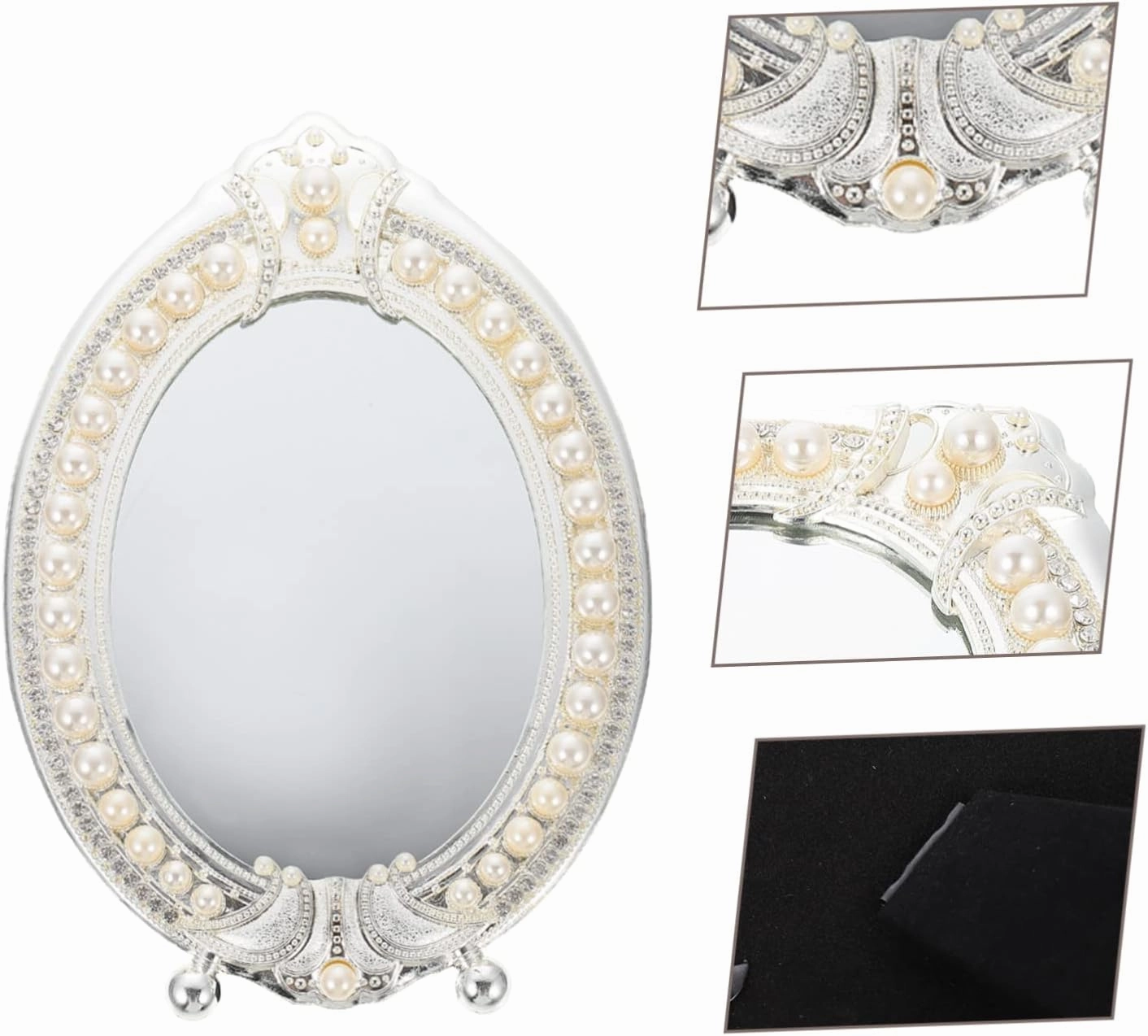 Hemoton Vintage Pearl Mirror Large Makeup Desk Mirror Gold Frame Table Vanity Set