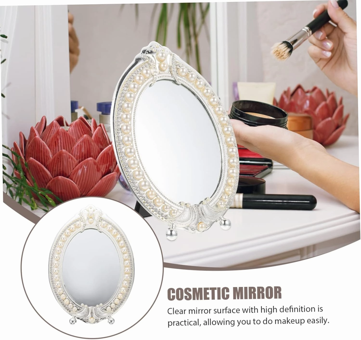 Hemoton Vintage Pearl Mirror Large Makeup Desk Mirror Gold Frame Table Vanity Set