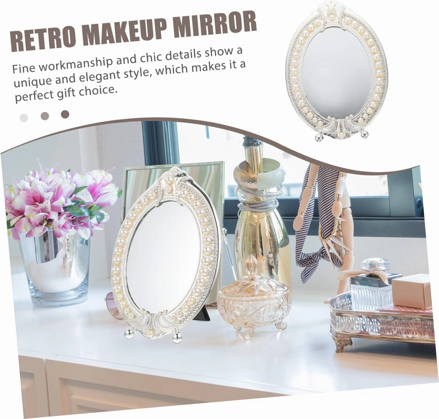 Hemoton Vintage Pearl Mirror Large Makeup Desk Mirror Gold Frame Table Vanity Set