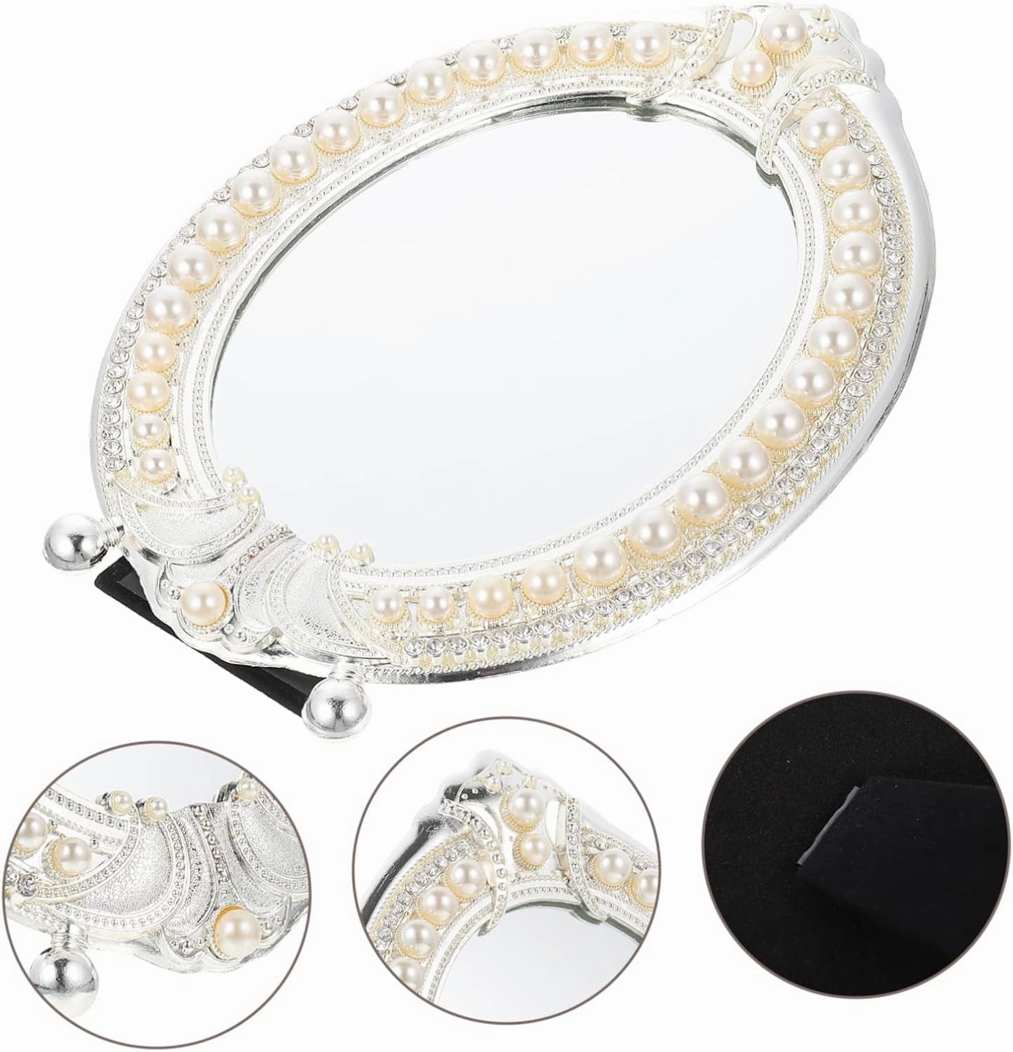 Hemoton Vintage Pearl Mirror Large Makeup Desk Mirror Gold Frame Table Vanity Set