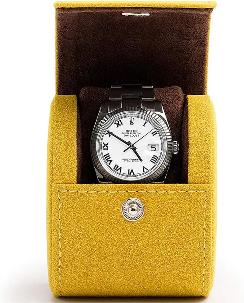 High-end Watch Storage Bag European Style Suede Artificial Leather Watch Box Simple Portable Mechanical Watch Travel Single and Double Watch Box Multi-Color Watch Carrying case (Yellow/Dark Blue/gre