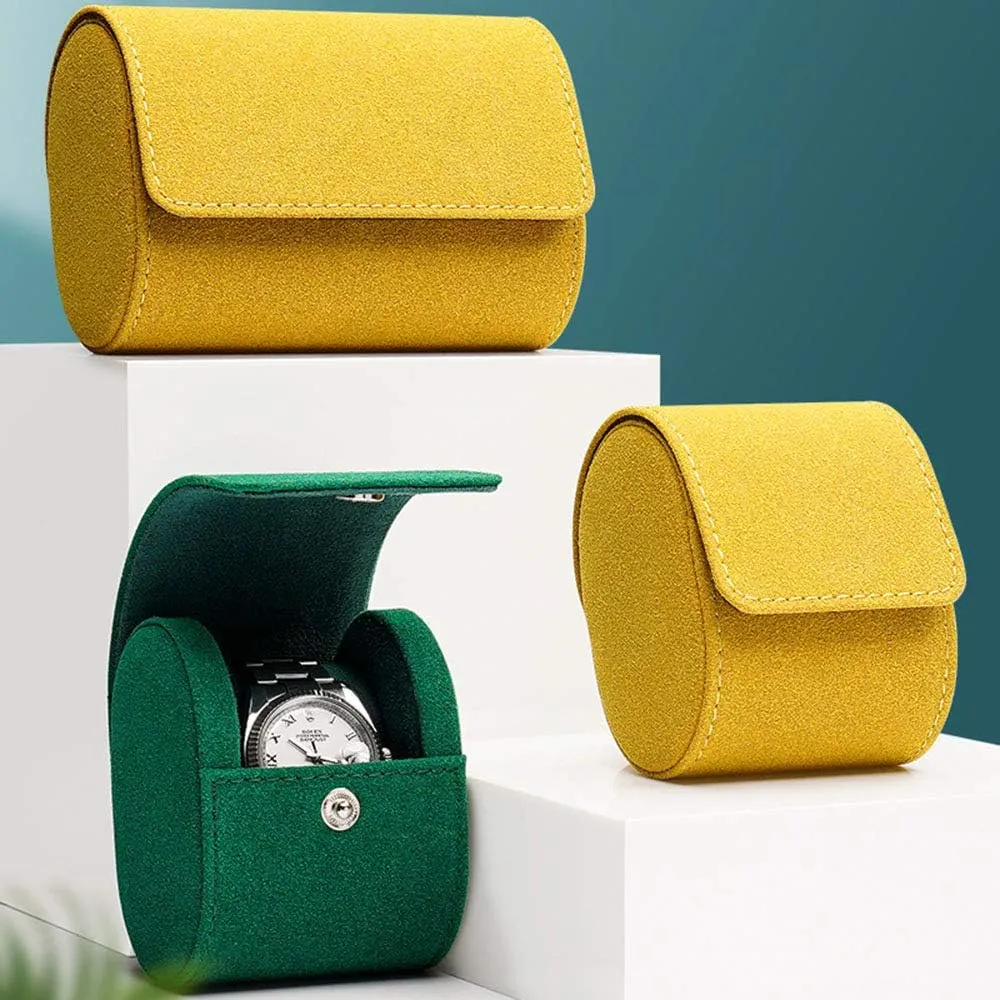 High-end Watch Storage Bag European Style Suede Artificial Leather Watch Box Simple Portable Mechanical Watch Travel Single and Double Watch Box Multi-Color Watch Carrying case (Yellow/Dark Blue/gre