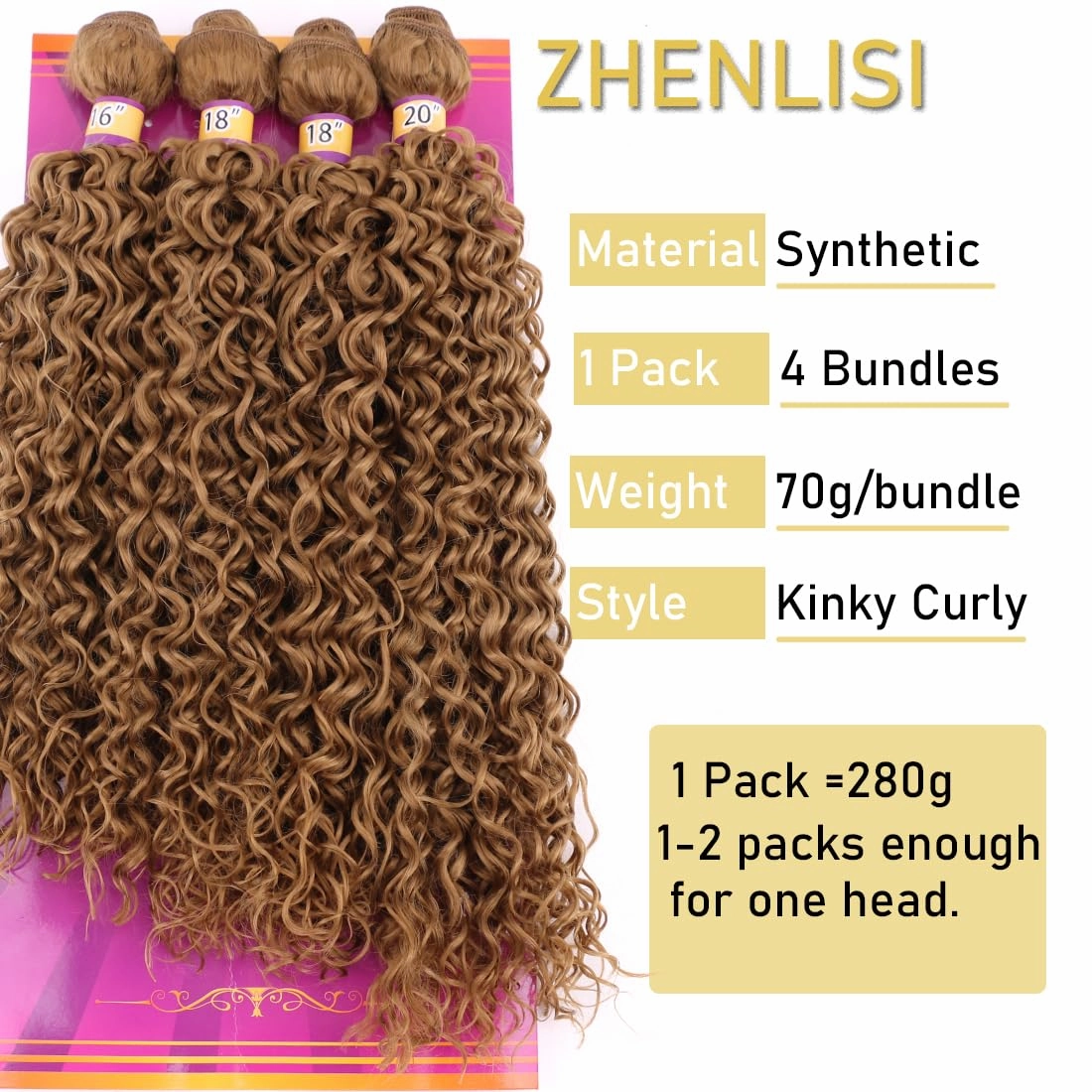 Highlight Honey Blonde Afro Kinky Curly Synthetic Hair Weave 4 Bundles 16 18 18 20 Inches Jerry Curl Synthetic Hair Weft Extensions(Color 27)