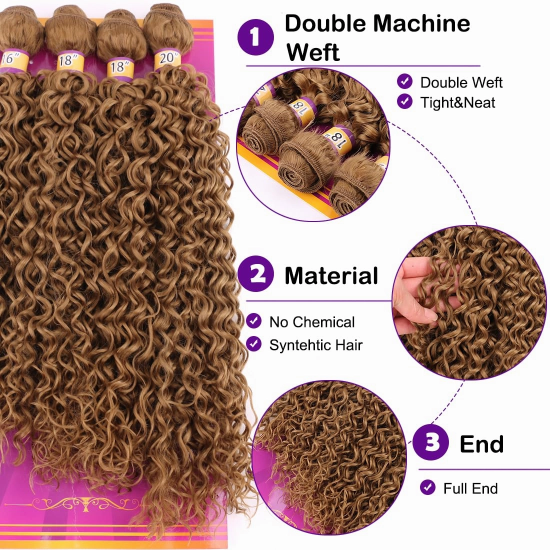 Highlight Honey Blonde Afro Kinky Curly Synthetic Hair Weave 4 Bundles 16 18 18 20 Inches Jerry Curl Synthetic Hair Weft Extensions(Color 27)