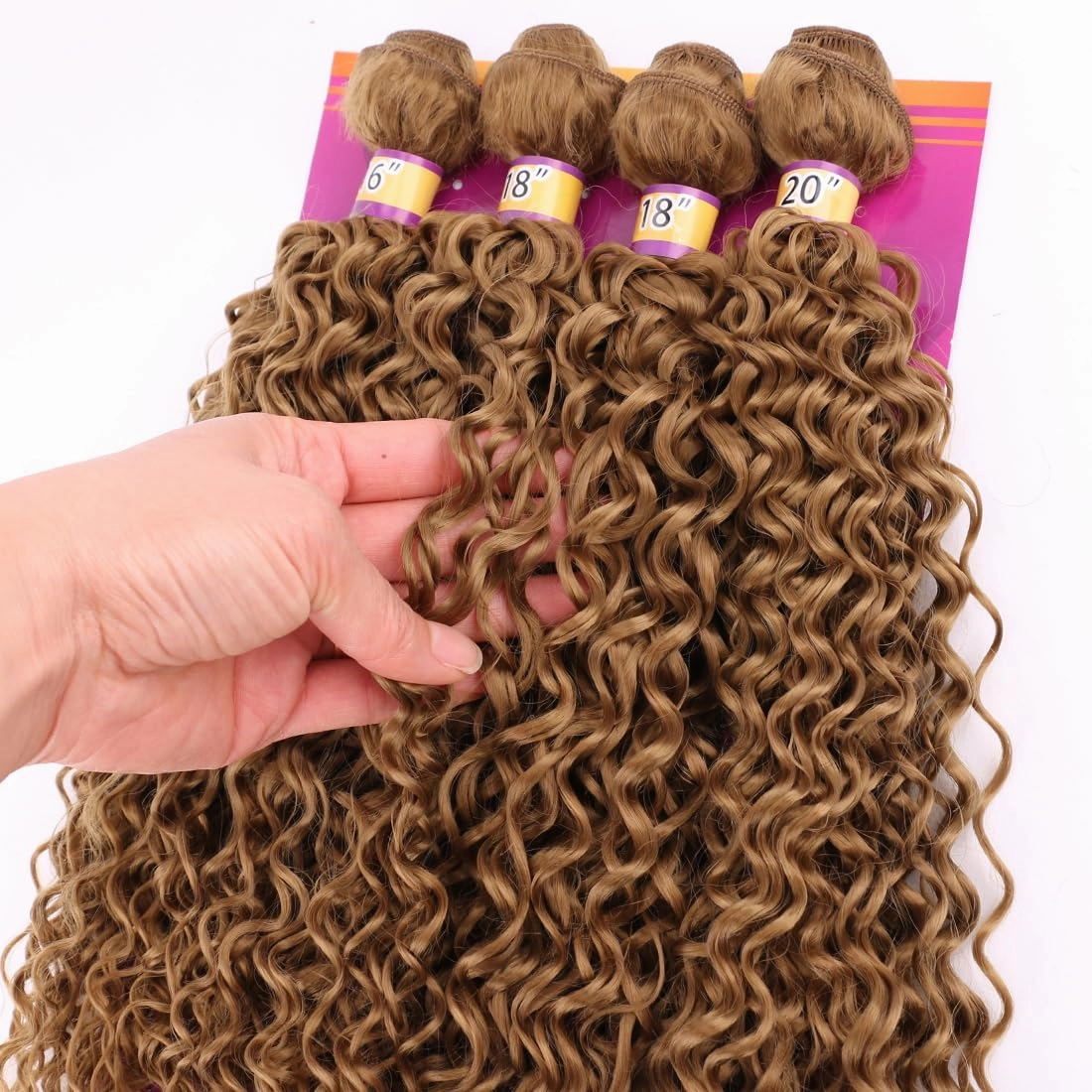 Highlight Honey Blonde Afro Kinky Curly Synthetic Hair Weave 4 Bundles 16 18 18 20 Inches Jerry Curl Synthetic Hair Weft Extensions(Color 27)